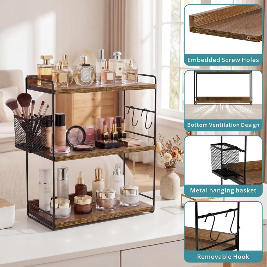 3-Tier Bathroom Counter Organizer with Basket, Vanity Organizer Counter Shelf for Skincare & Makeup Storage, Wood Cou... - Image 4