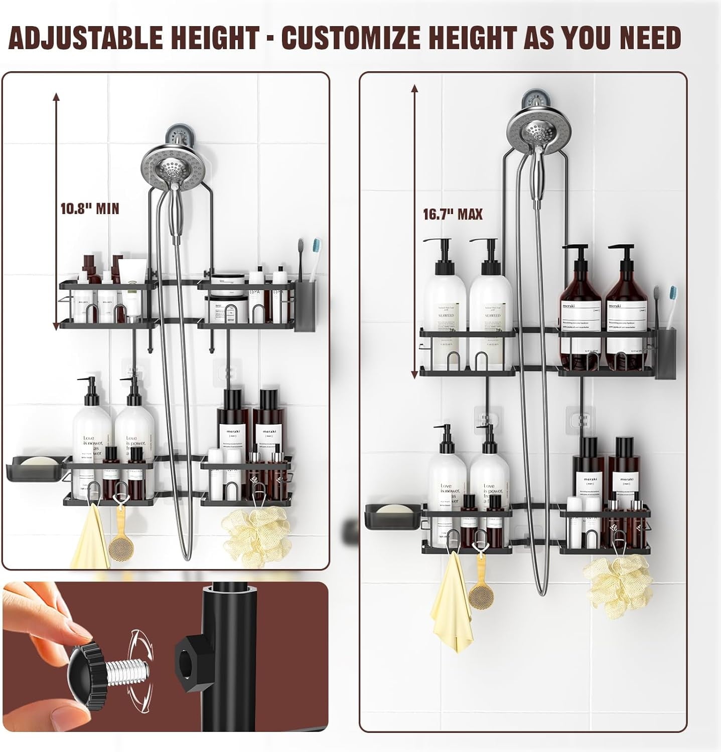 Adjustable Shower Caddy Hanging Rustproof Shower Caddy for Handheld Showerheads, Shower Organizer with Hooks Soap Hol... - Image 2