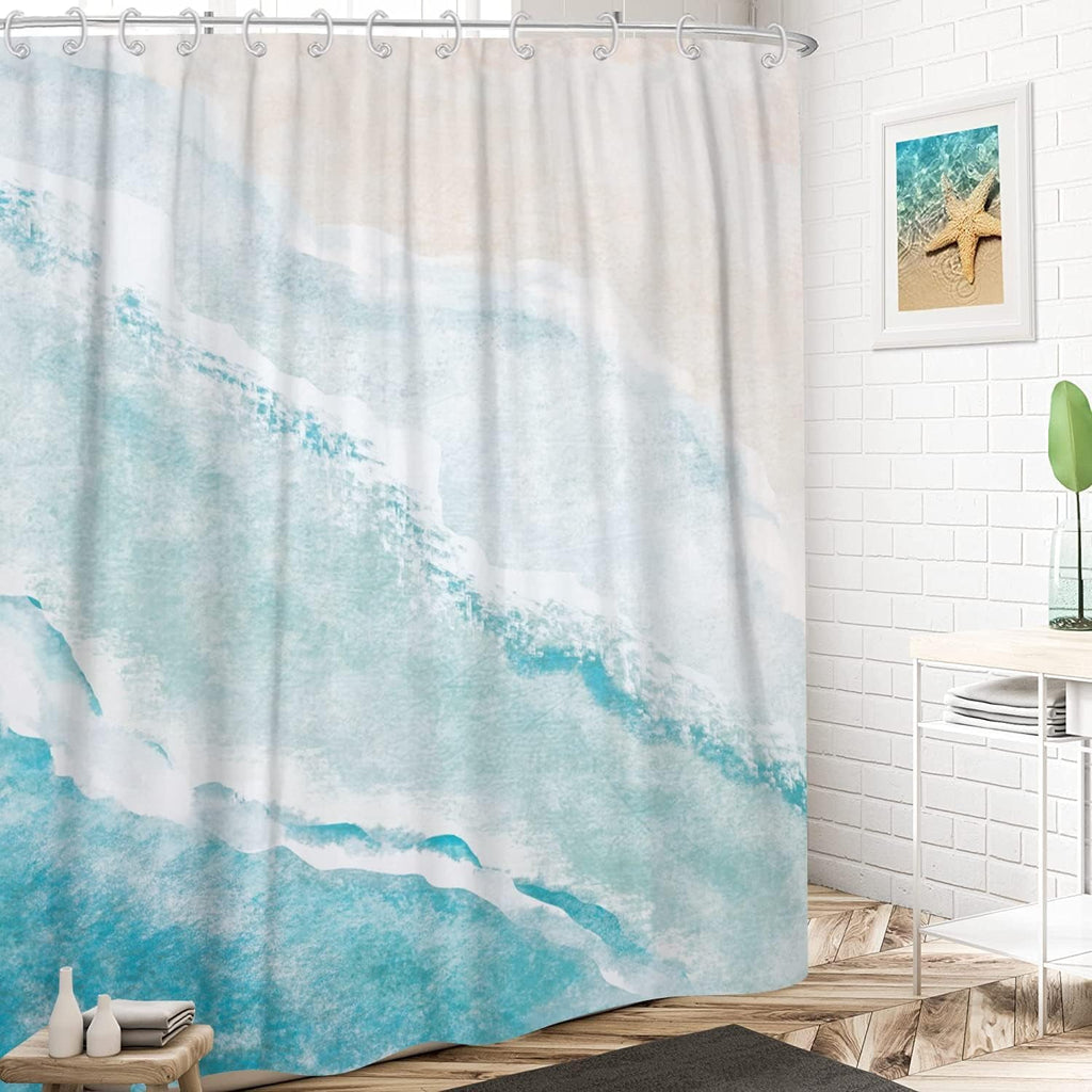 Beach Shower Curtain, Teal Blue Coastal Ocean Beach Theme Bathroom Curtain, Waterproof Fabric Machine Washable with Hooks,72x72 - Image 4