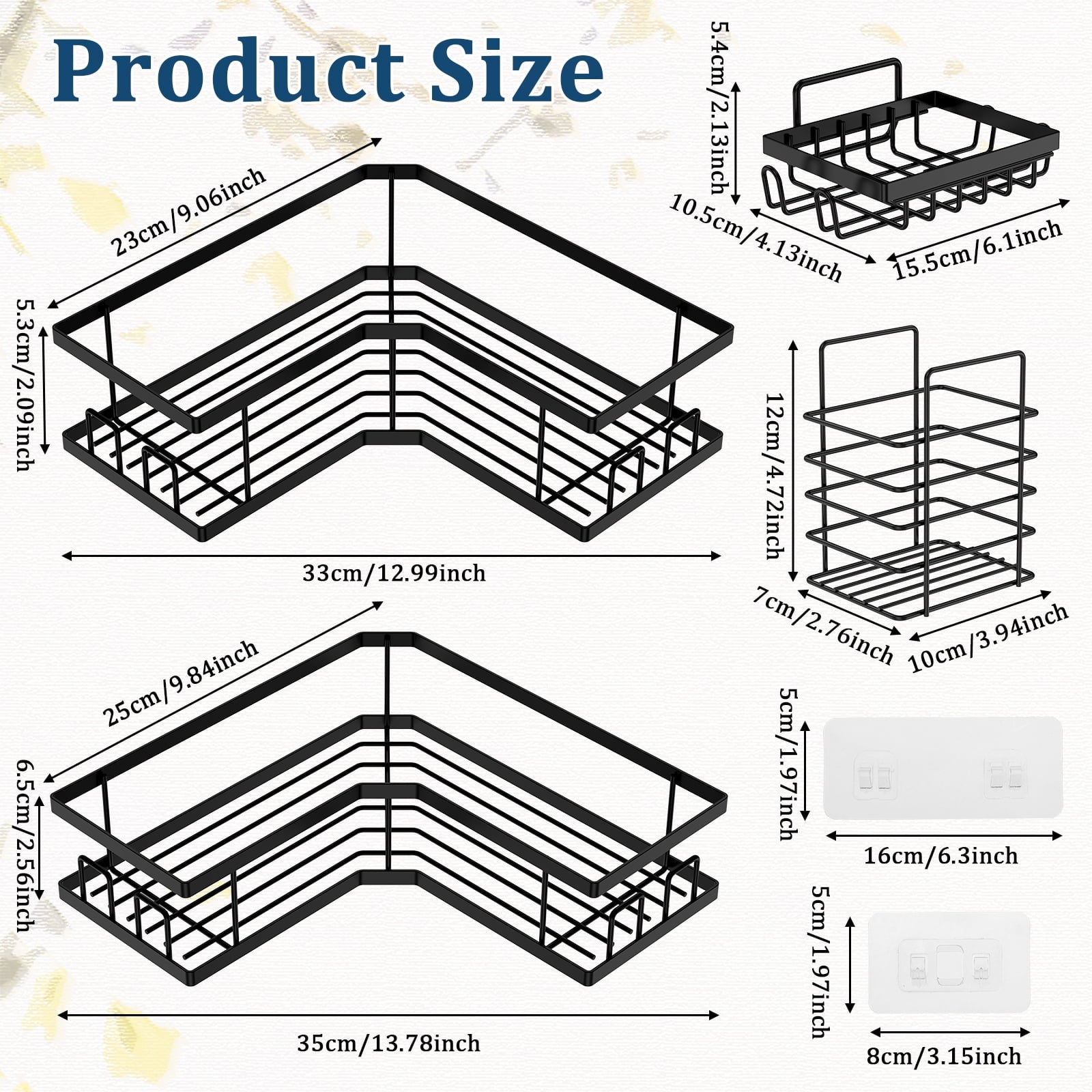 Caddy Corner 5 Pack, Large Capacity No Drilling Wall-Mounted Bathroom Organizer Basket, Black - Image 2