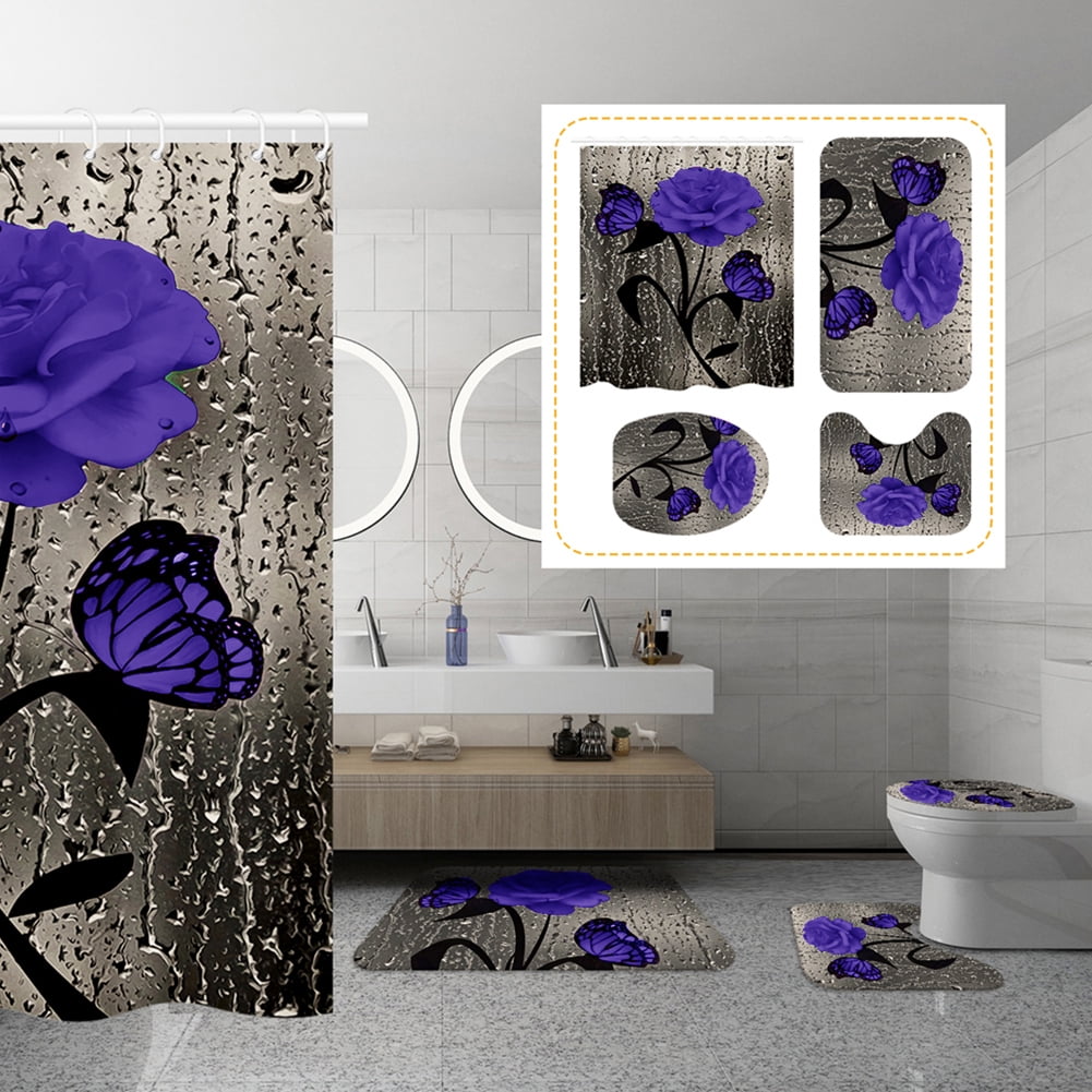 4 Pcs Bathroom Shower Curtain Set Blue Rose Shower Curtain Bathroom Sets Valentine's Day Shower Curtain Sets with Rugs(Bath Mat,U Shape and - Image 2