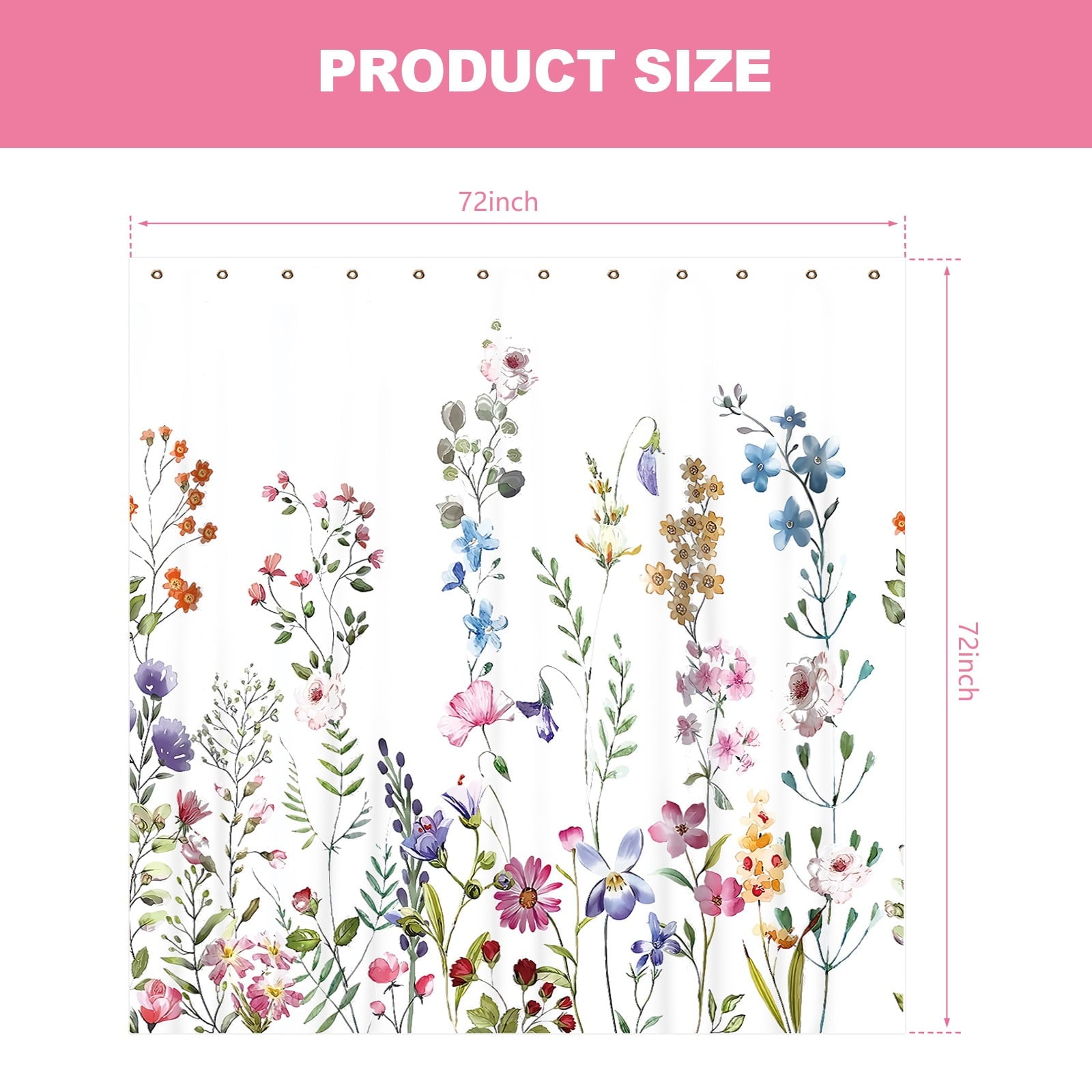 White Floral Fabric Shower Curtain, Watercolor Bathroom Curtain with Hooks, Pink, 72" x 72" - Image 2