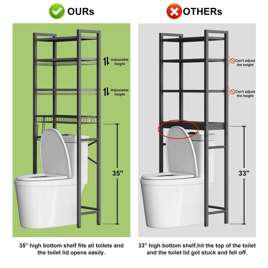 Biemlerfn Over The Toilet Storage Shelf, 4-Tier Wooden Bathroom Organizer Adjustable Saver Space Rack with Toilet Paper Holder, Classic Blac - Image 3