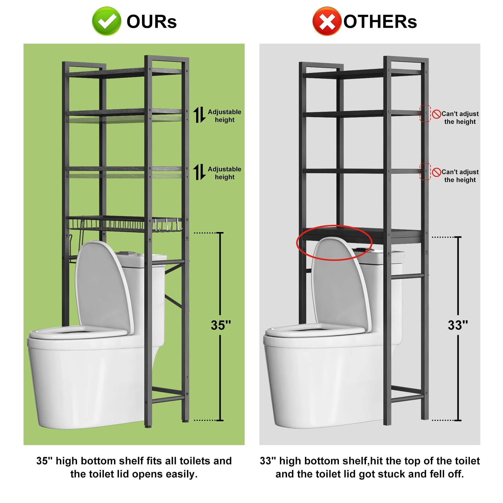Biemlerfn Over The Toilet Storage Shelf, 4-Tier Wooden Bathroom Organizer Adjustable Saver Space Rack with Toilet Paper Holder, Classic Blac - Image 3