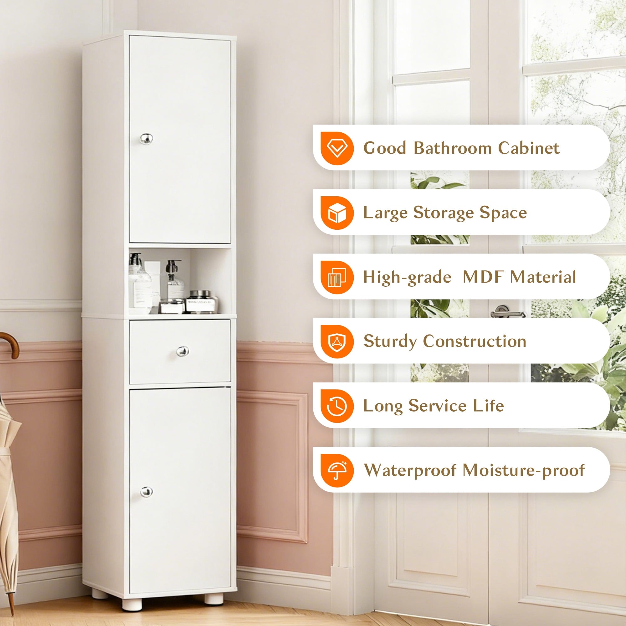 Bathroom Cabinet, Narrow Storage Cabinet Freestanding with 2 Doors & Shelves - Image 2