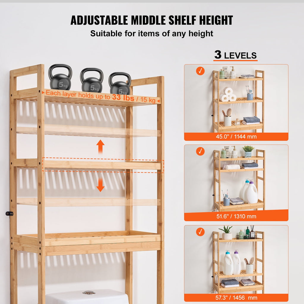 KFFKFF 3-Tier Adjustable Over Toilet Storage Rack, Bamboo Bathroom Organizer with Hooks, Freestanding Shelf for Laundry and Bathroom Space S - Image 3