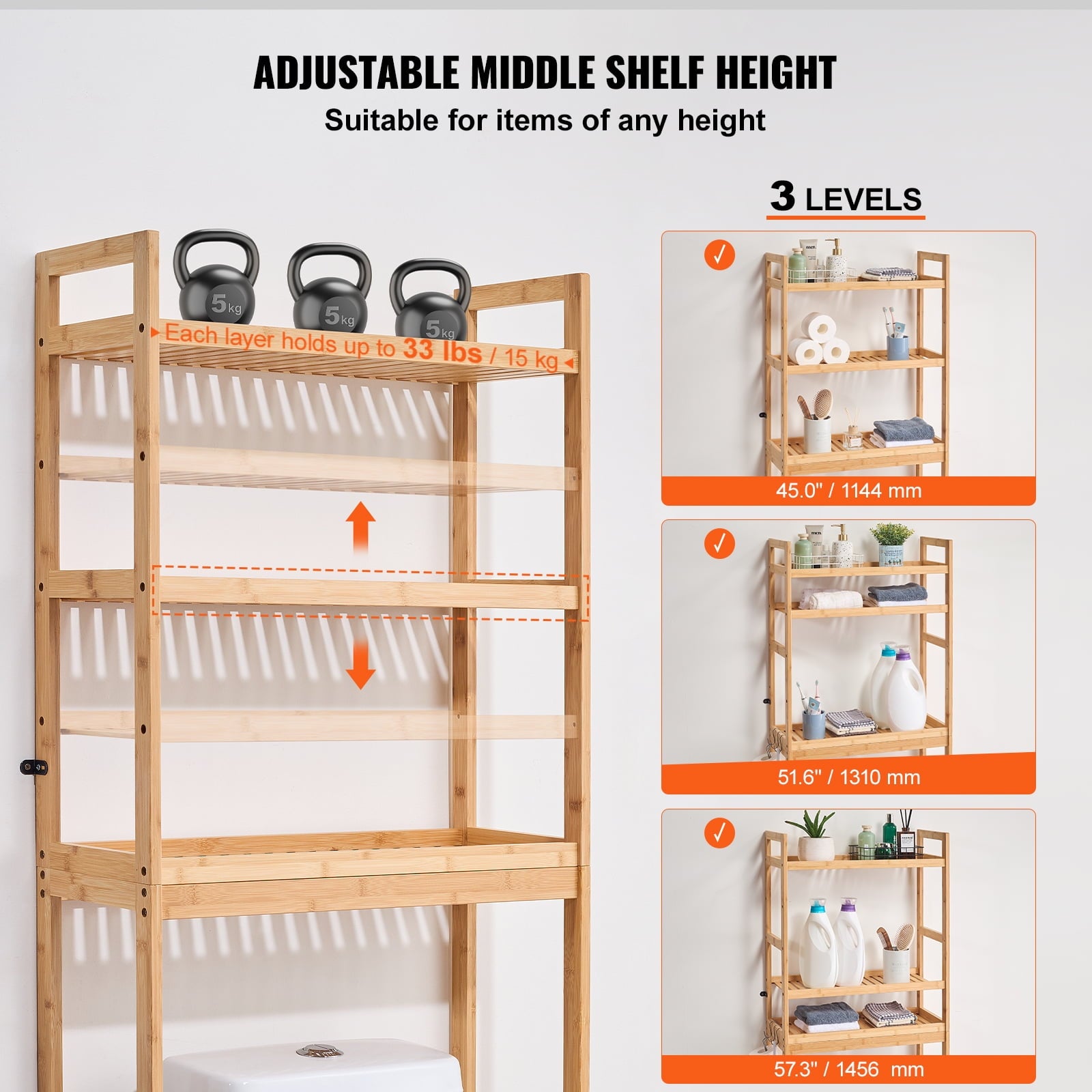 KFFKFF 3-Tier Adjustable Over Toilet Storage Rack, Bamboo Bathroom Organizer with Hooks, Freestanding Shelf for Laundry and Bathroom Space S - Image 3