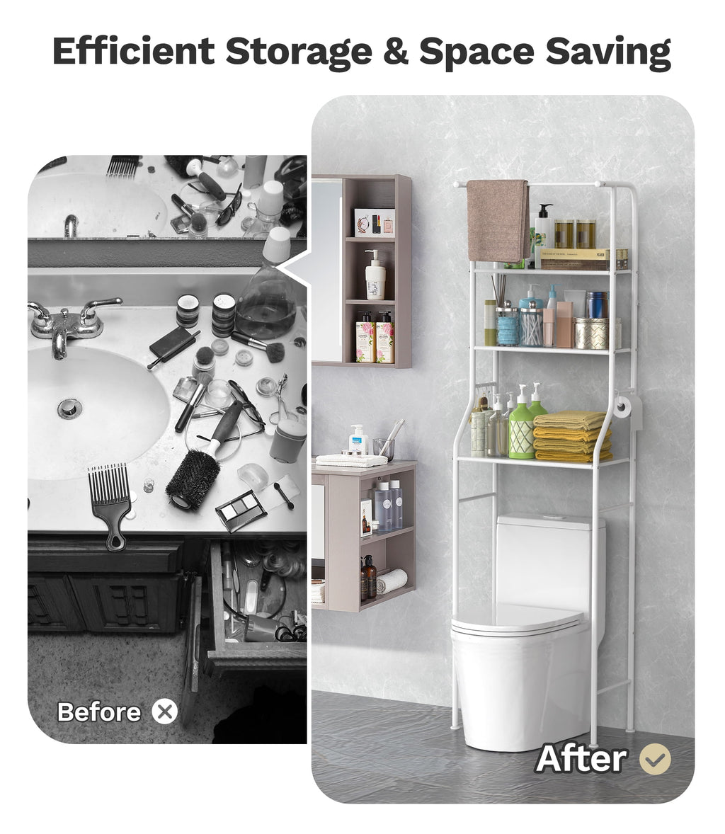 Riousery Over the Toilet Storage Rack, 3 Tier Bathroom Shelf with Hanging Rod, Freestanding Space Saver, White - Image 3