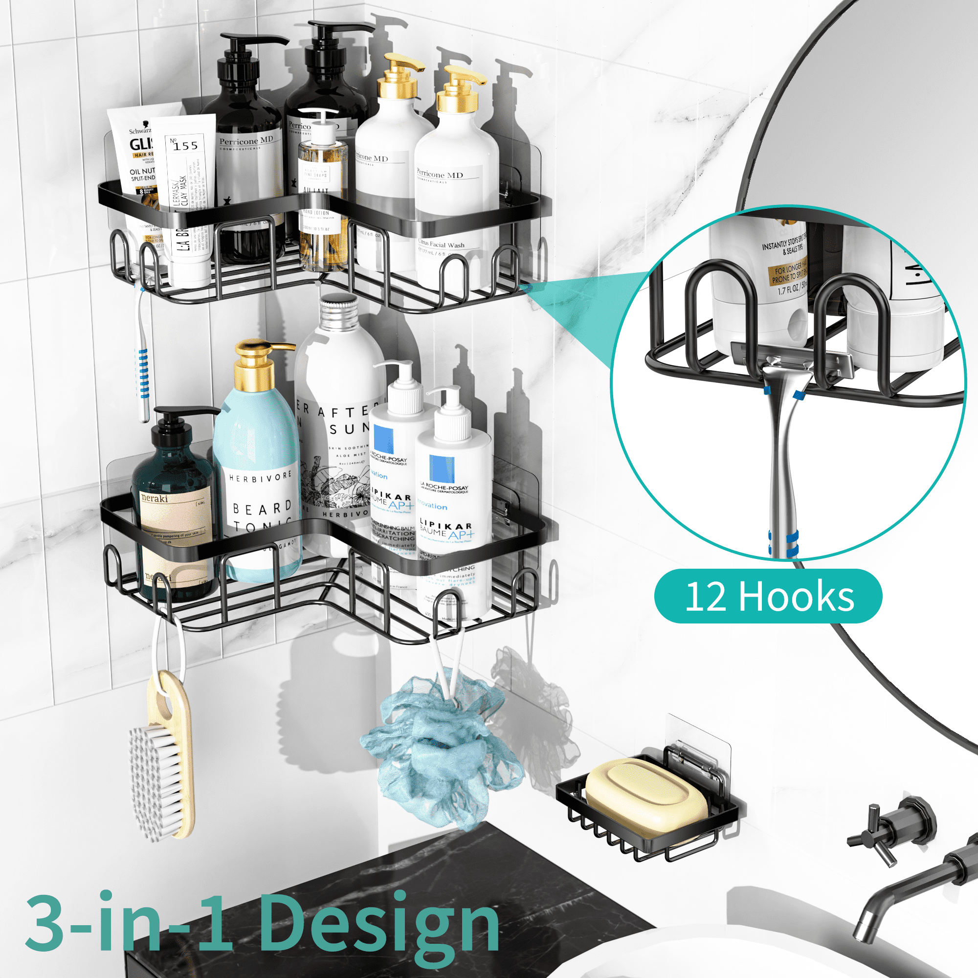 3 Pack Corner Shower Caddy,Adhesive Shower Caddy With Soap Holder And 20 Hooks, Rustproof Stainless Steel Shower Orga... - Image 6