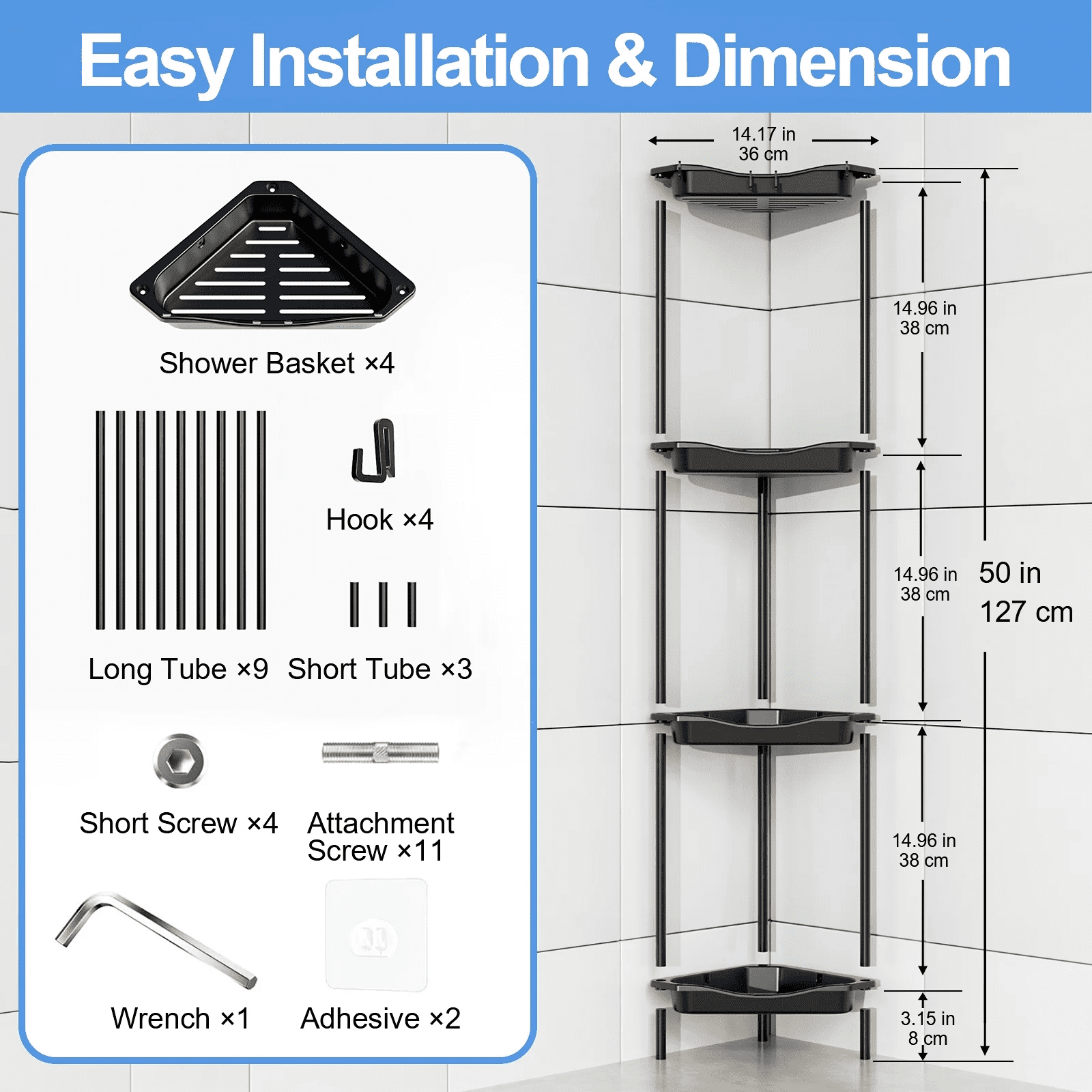 4 Floor Standing Corner Shower Caddy Organizer: Reinforced Plastic Shower Shelves with Extra-Tall Storage for Large S... - Image 2
