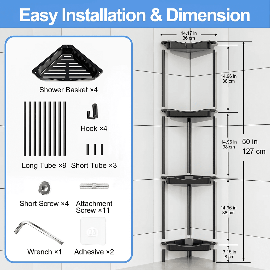 4 Floor Standing Corner Shower Caddy Organizer: Reinforced Plastic Shower Shelves with Extra-Tall Storage for Large S... - Image 2