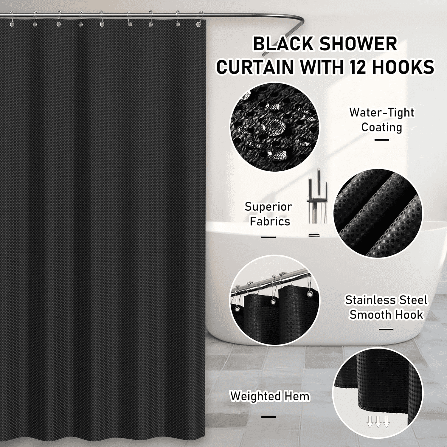 Bathroom Accessories Set-22 PCS Bathroom Set with Shower Curtain and Hooks, Toilet Brush, Trash Can & Soap Dish, Black - Image 2