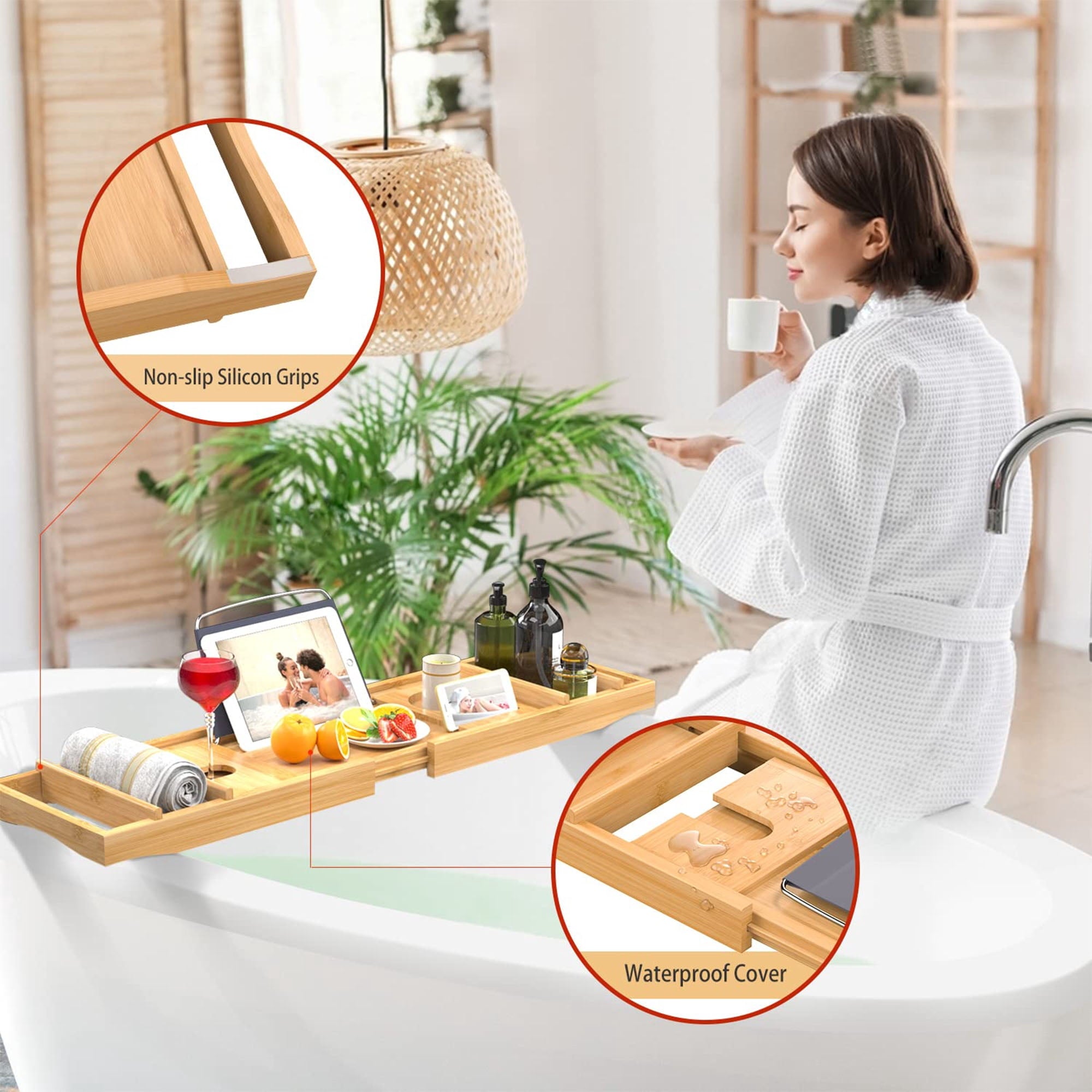 Bambloom Luxury Bathtub Tray,Bamboo Expandable Bath Tub Tray Table with Brush & Soap Holder,Natural - Image 4