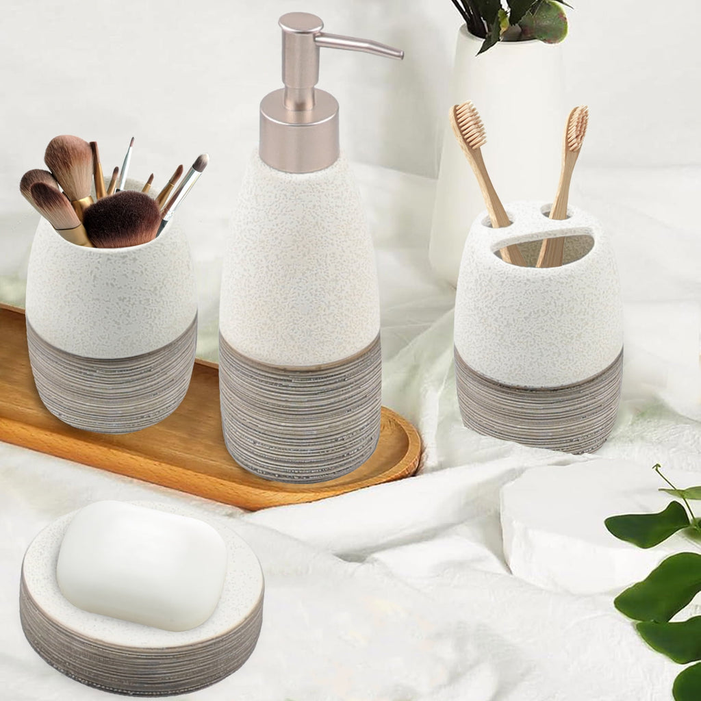 Deluxe Dual Tone White with Clay Bathroom Accessories Set 4 Pcs - Toothbrush Holder, Lotion Soap Dispenser, Bathroom ... - Image 6