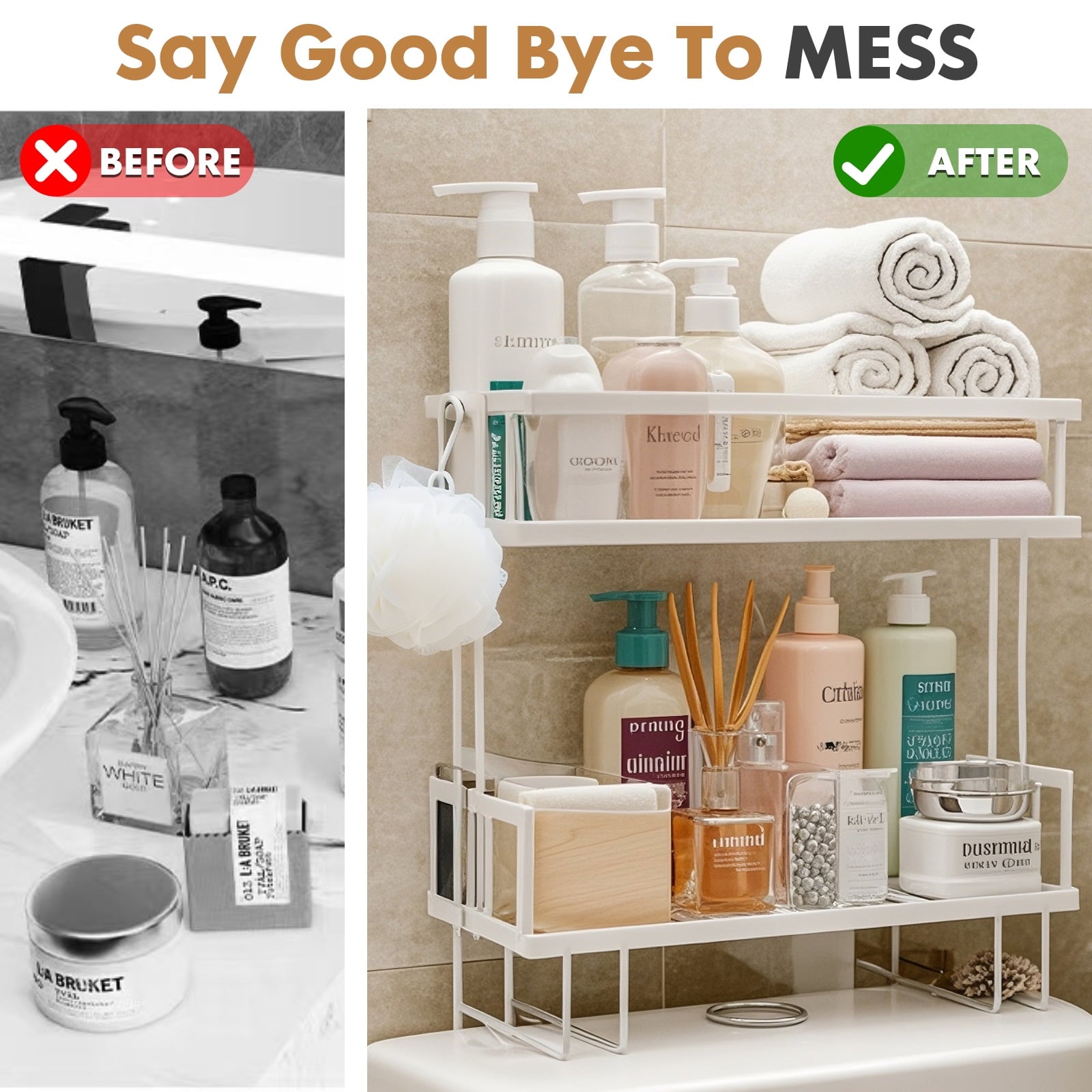 YOYTOO Over the Toilet Storage Shelf, 2 Tier Freestanding Bathroom Caddy Organizer Behind Toilet Stand Shelves Towel Rack, White - Image 2