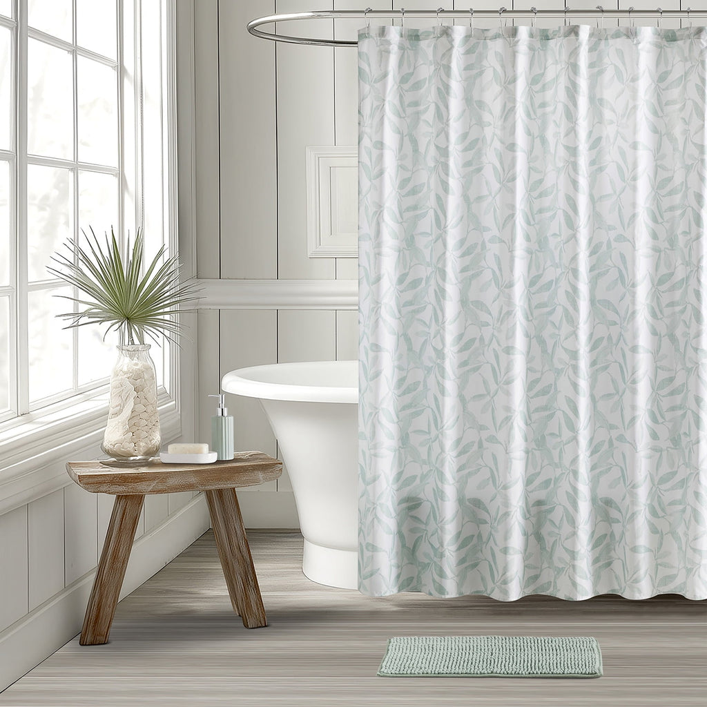 16-Piece Green Leaf Shower Curtain Bathroom Set - Fabric Curtain with Rug, Hooks, Soap Dispenser & Tray - Image 4