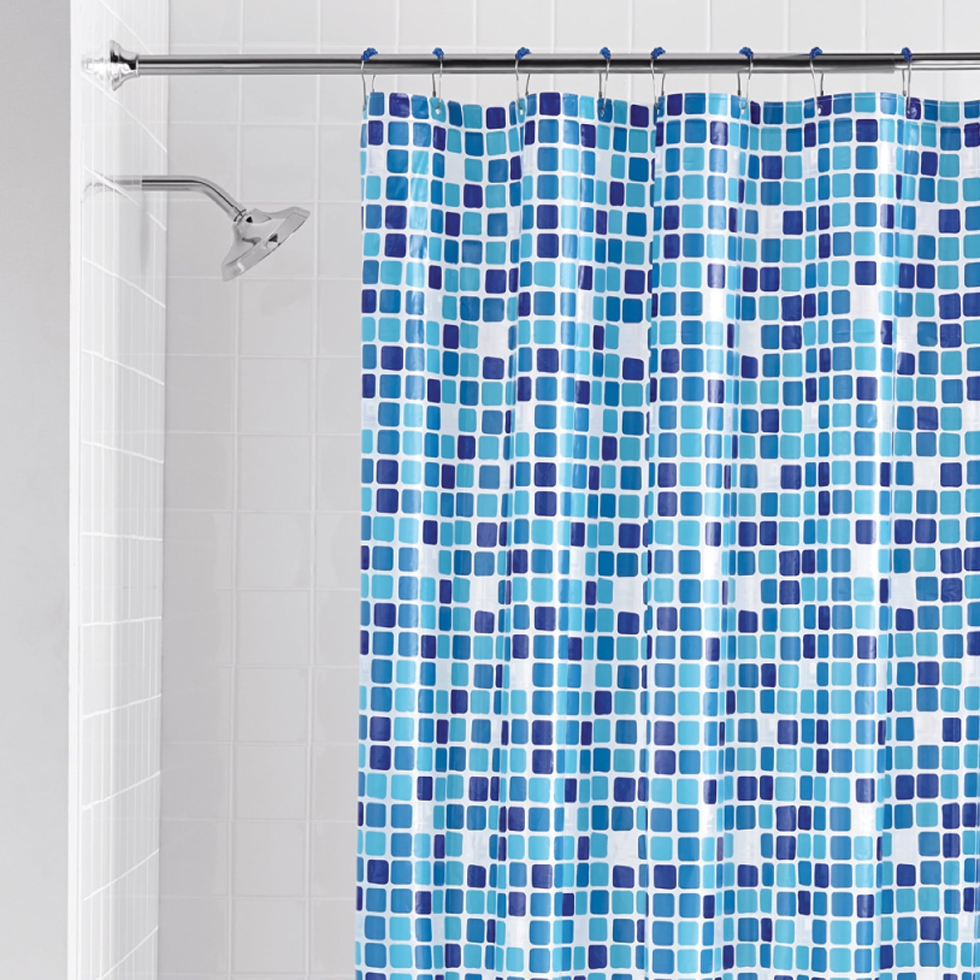 Mainstays Shower Curtain Set: Blue PEVA Curtain with 12 Roller Shower Hooks, Mosaic Medallion Design - Image 6