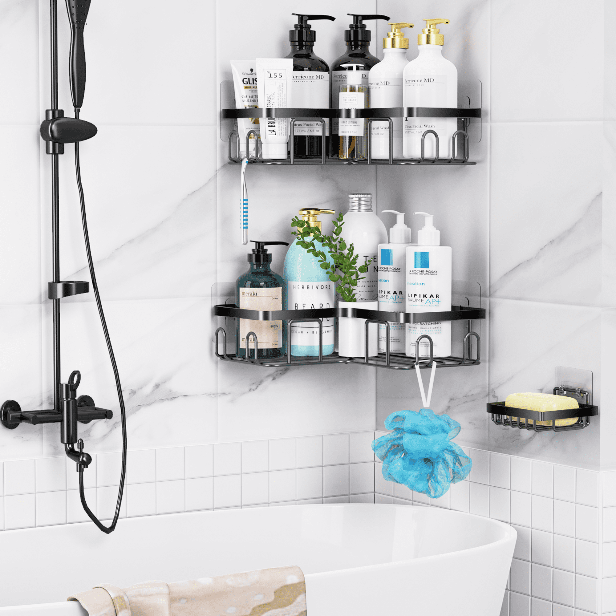 3 Pack Corner Shower Caddy,Adhesive Shower Caddy With Soap Holder And 20 Hooks, Rustproof Stainless Steel Shower Orga... - Image 4