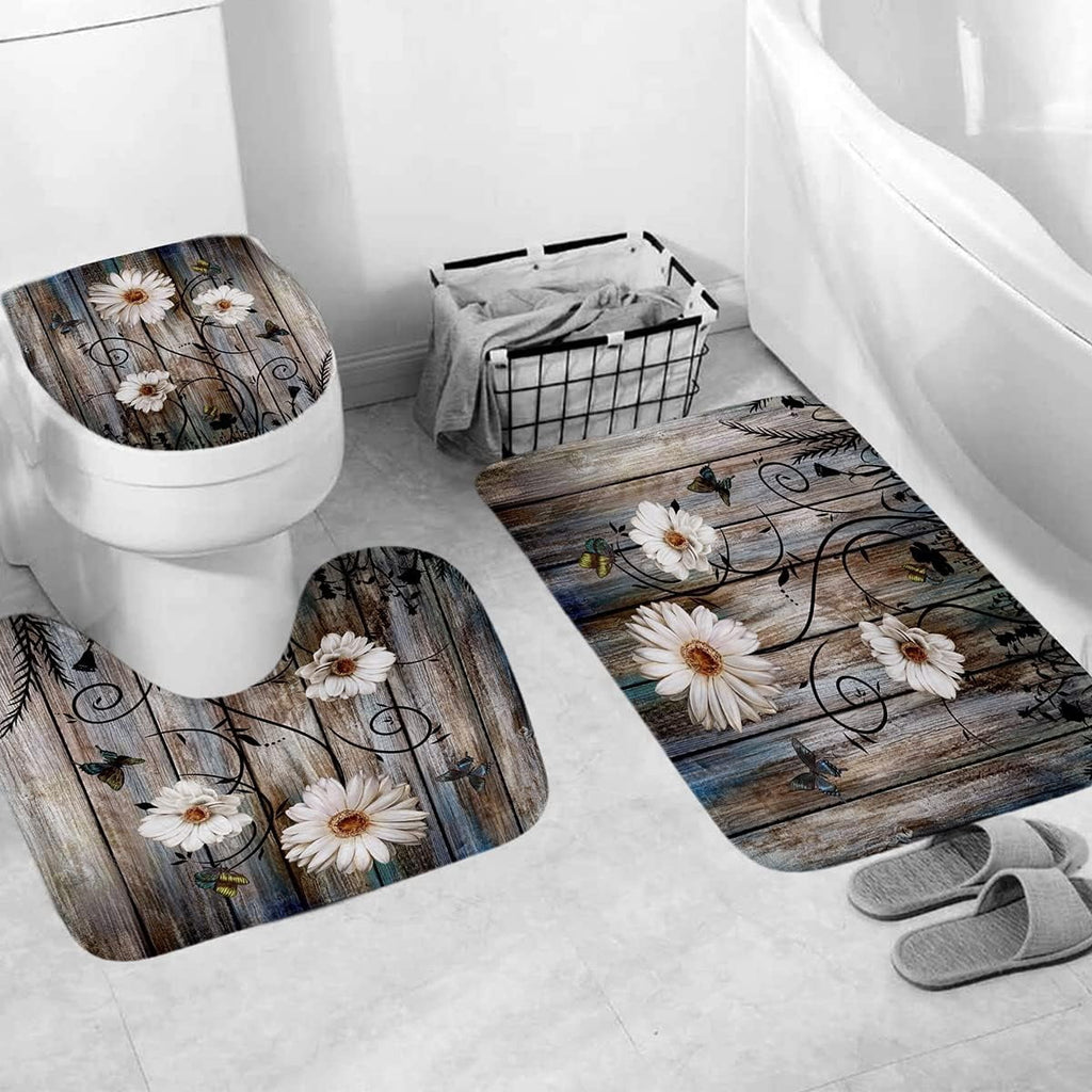 Curtain Set 4, Farm Teal Daisy Floral Bathroom Decor Set with Bath Curtain, Bath Mat, Toilet Lid and U-shaped Rug - Image 3