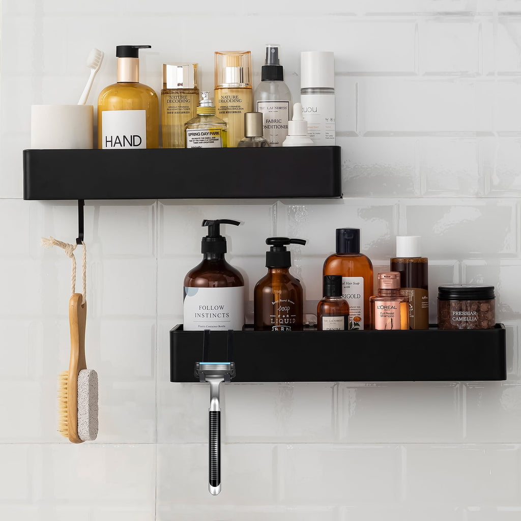 YIHATA Wall Shower Caddy, Black Shower Shelf No Drilling, Self Adhesive Bathroom Storage Rustproof Shower Organizer with 4 Hooks, Quick-Dry, - Image 5