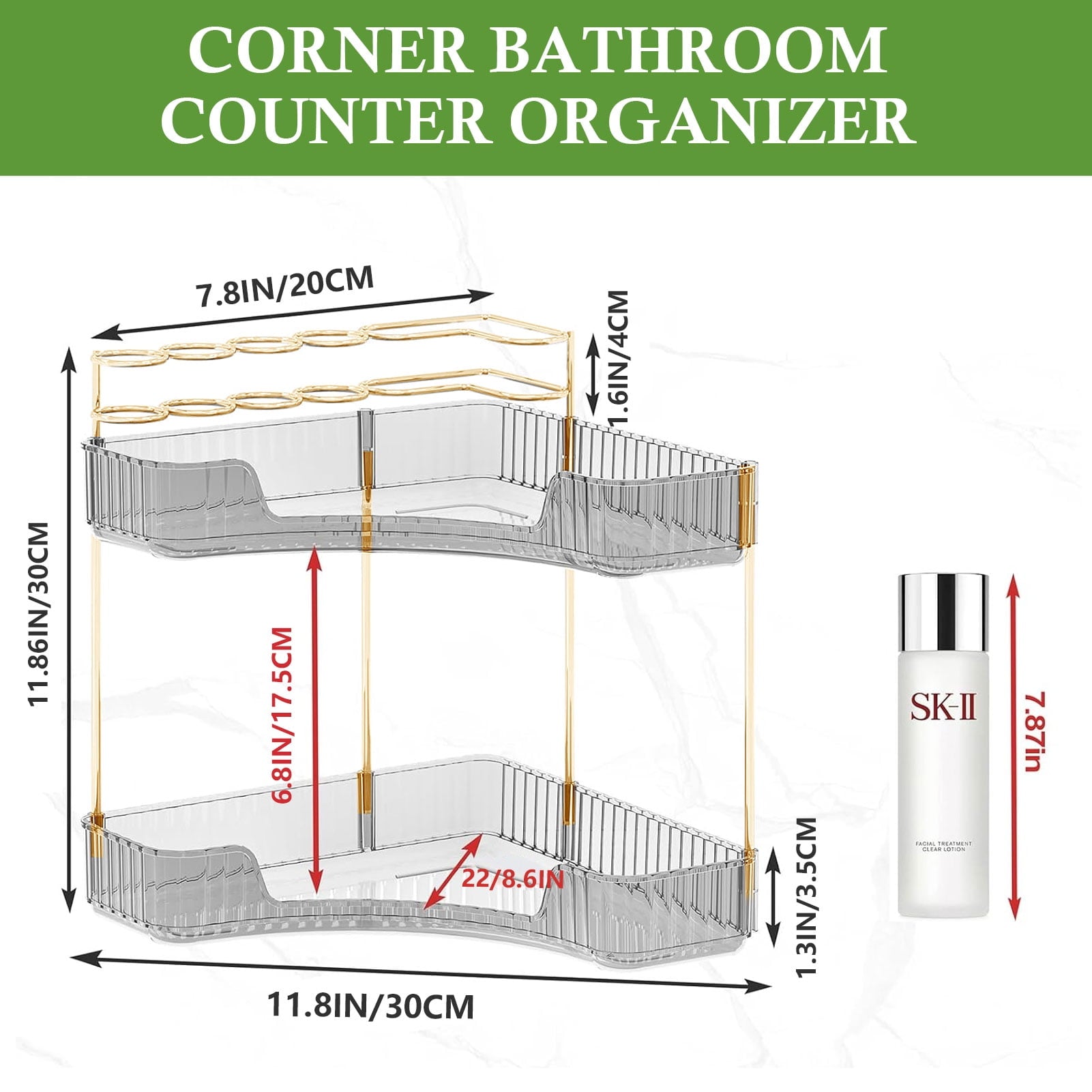 2-Tier Bathroom Counter Organizer, Makeup Cosmetic Storage with Top Toothbrush Holders, Acrylic Vanity Shelf, Skin Ca... - Image 2