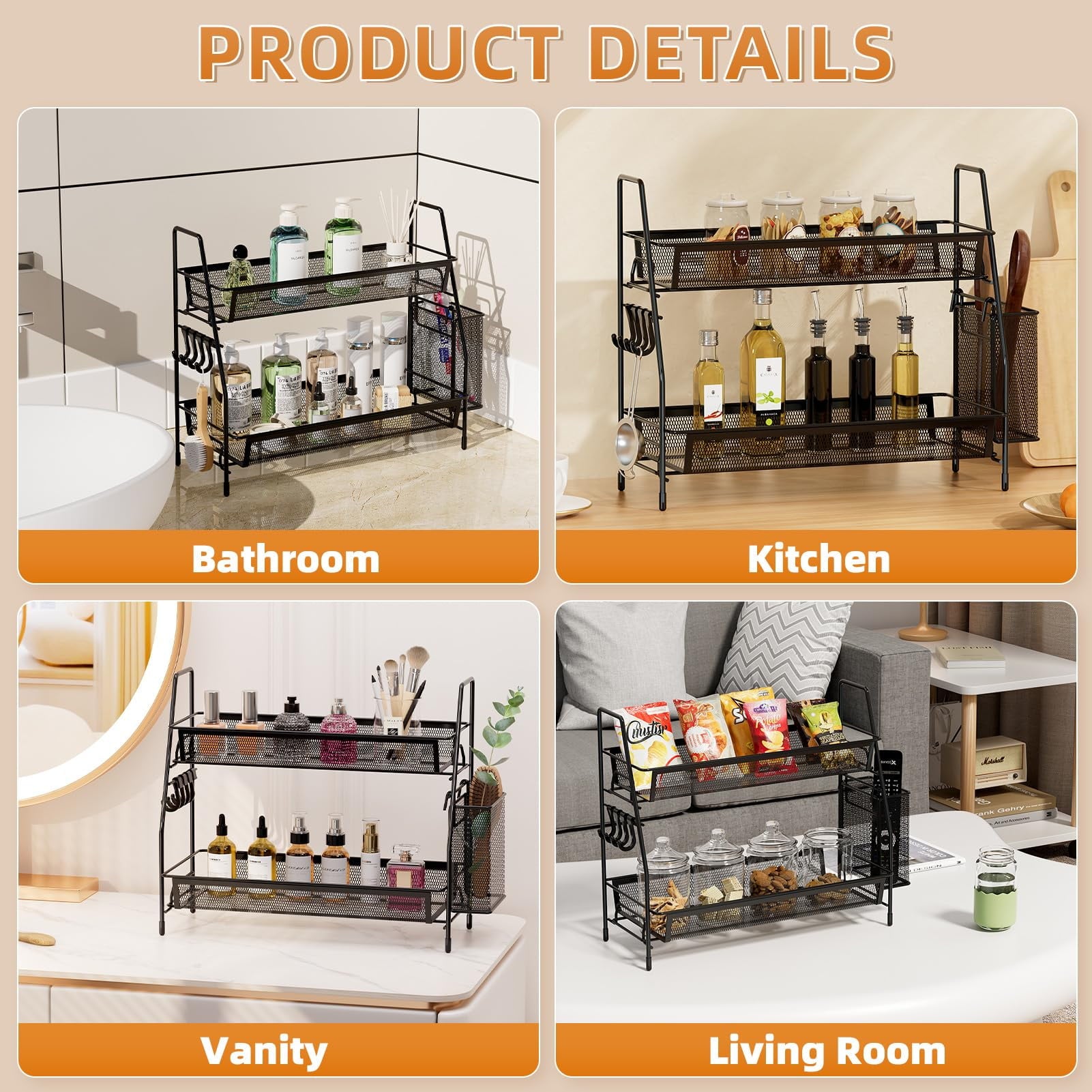 2-Tier Bathroom Organizer Countertop, Metal Wire Mesh Bathroom Counter Organizer Storage with Basket Hooks - Image 3