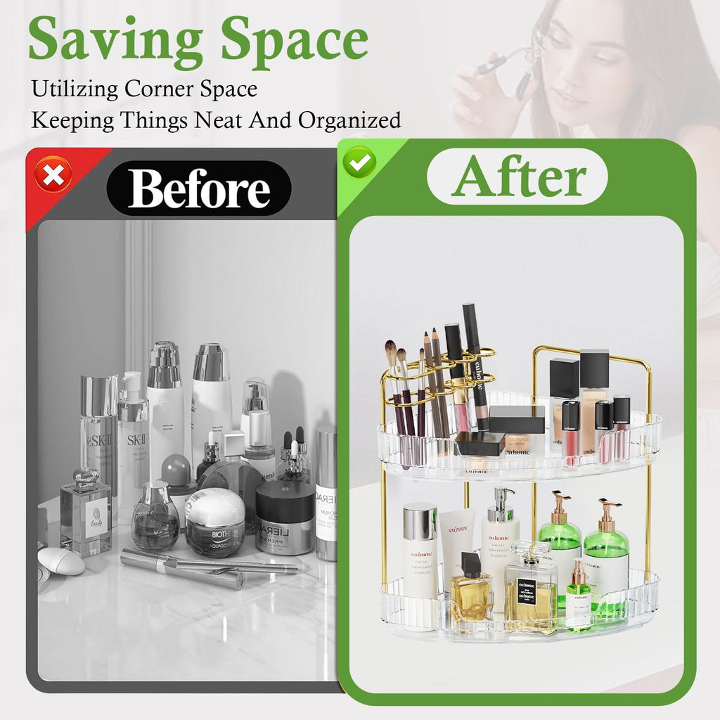2-Tier Bathroom Counter Organizer, Makeup Cosmetic Storage with Top Toothbrush Holders, Acrylic Vanity Shelf, Skin Ca... - Image 6