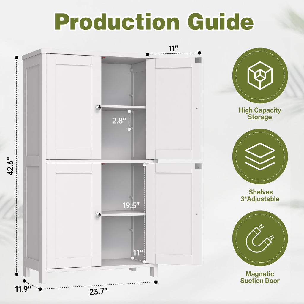 Bathroom Storage Floor Cabinet Organizer with Adjustable Shelf 4 Magnetic Doors 43" Wooden Pantry Cabinet Freestandin... - Image 5