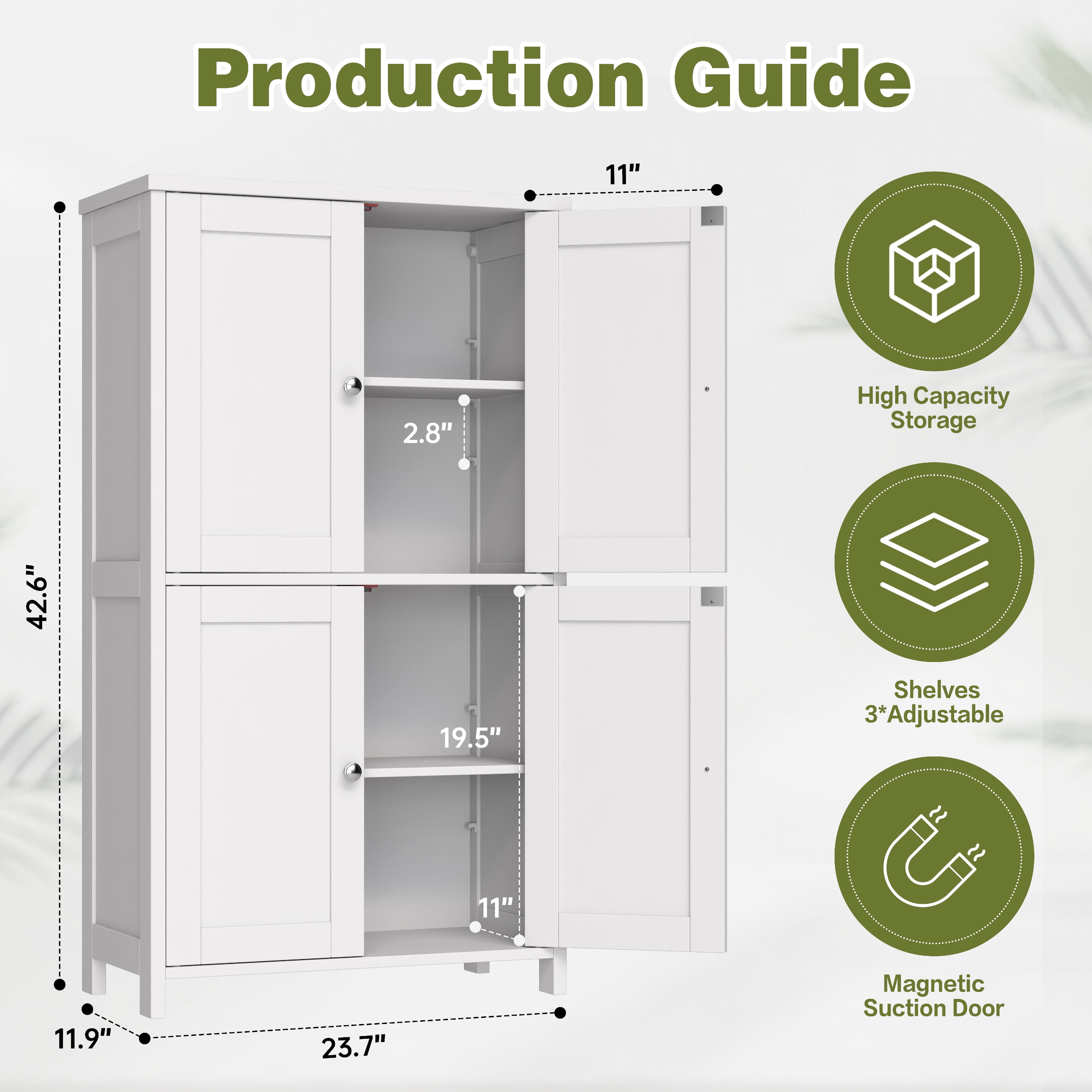 Bathroom Storage Floor Cabinet Organizer with Adjustable Shelf 4 Magnetic Doors 43" Wooden Pantry Cabinet Freestandin... - Image 5