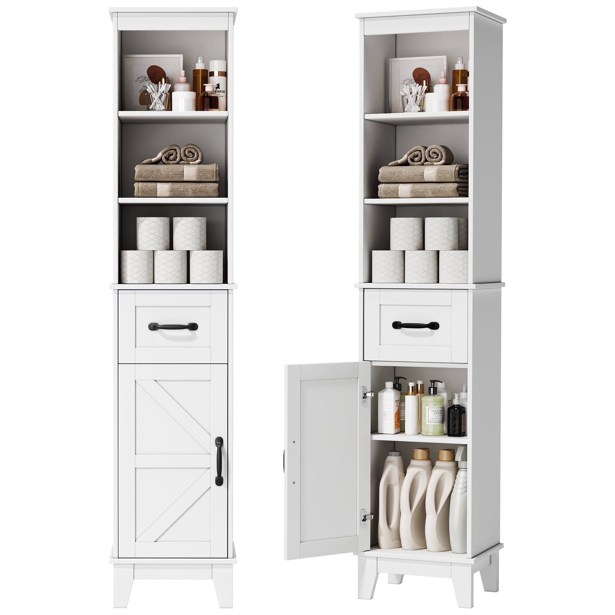 Bathroom Storage Cabinet, Narrow Bathroom Storage, Freestanding Linen Cabinet with Barn Door and Drawer, White - Image 4