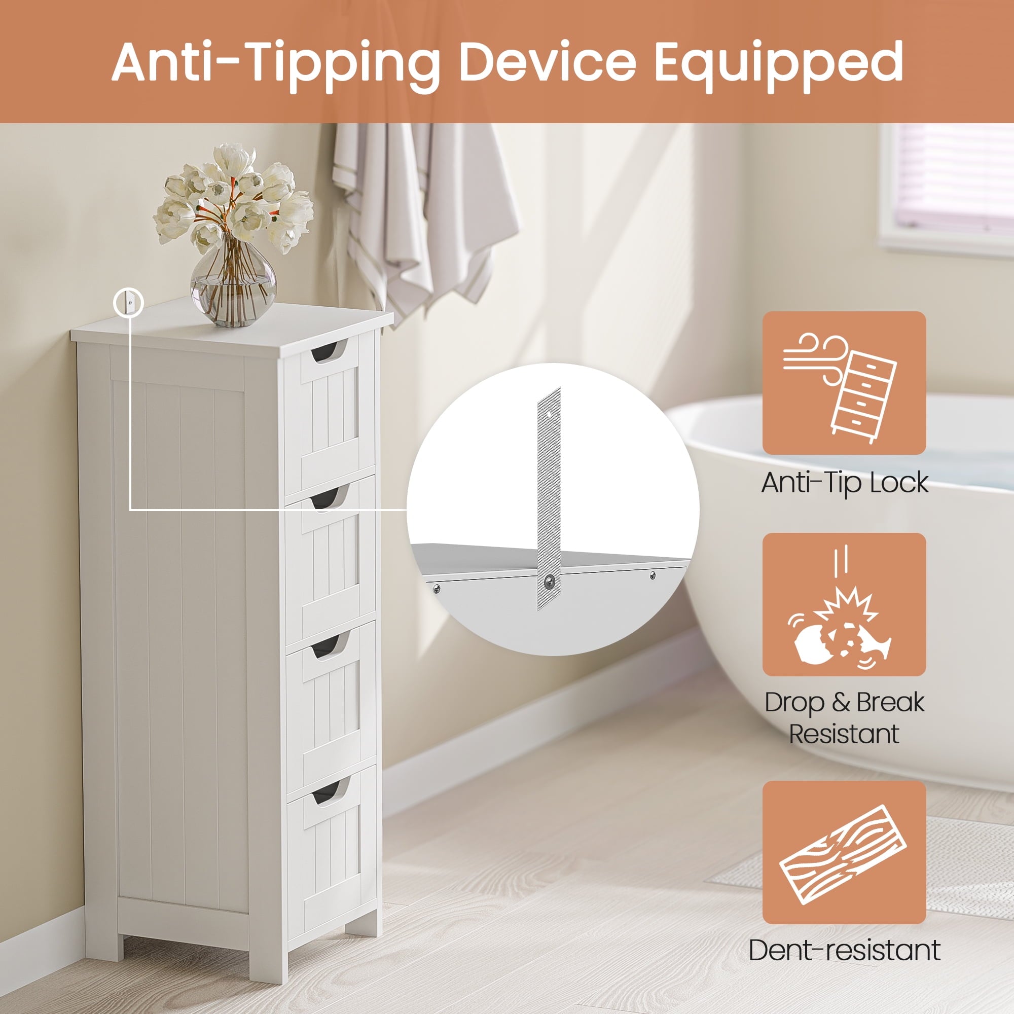 ZENY Bathroom Floor Cabinet Attractive Wooden Side Storage Organizer with 4 Drawers, White - Image 3