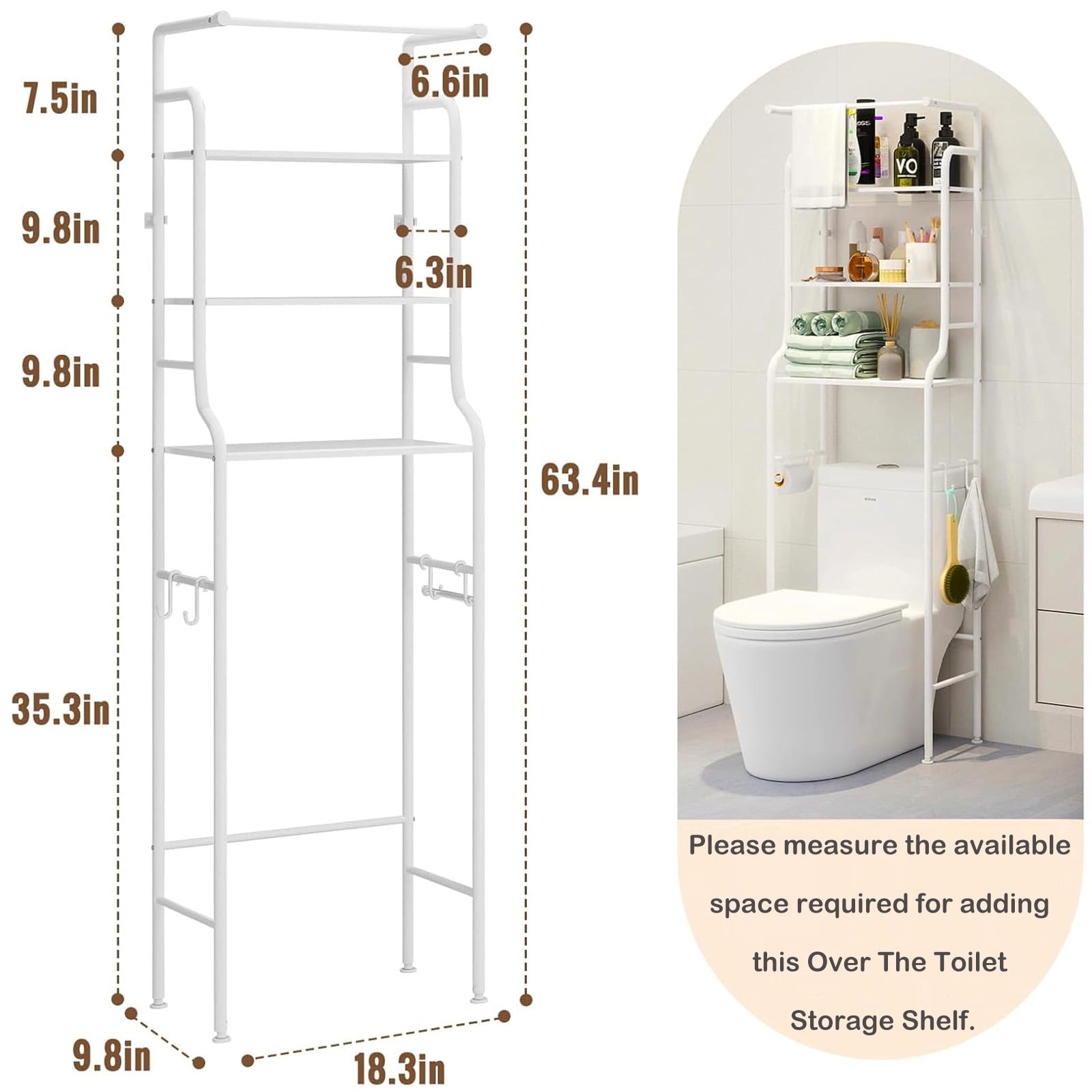 SUSUZI Over the Toilet Storage Rack 3-Tier Bathroom Organizer Shelf Metal Bath Shelves Freestanding Above Toilet Stand for Bathroom Laundry, - Image 2