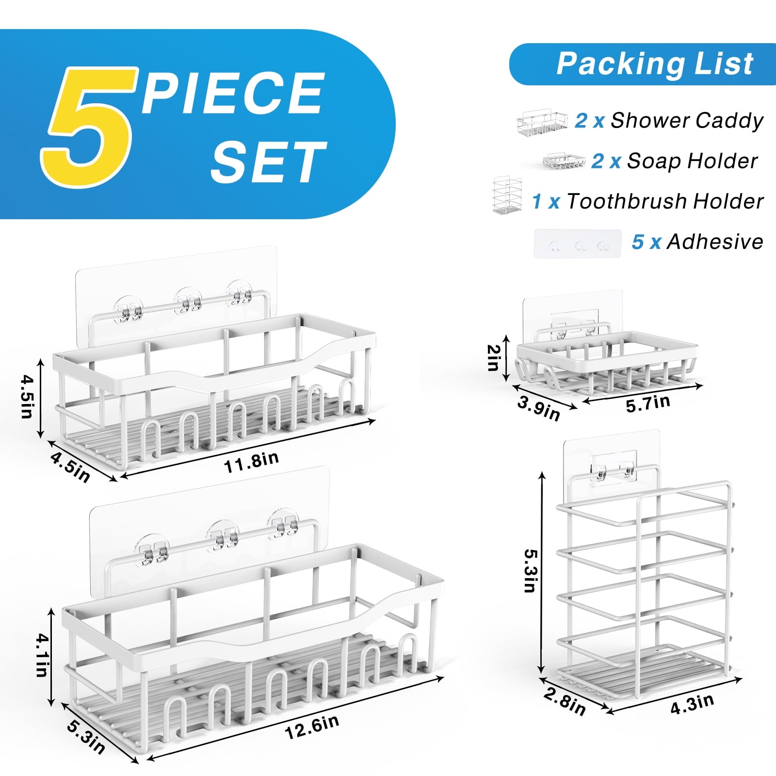 Shower Caddy 5 Pack,Adhesive Shower Organizer for Bathroom Storage&Home Decor&Kitchen,No Drilling,Large Capacity,Rustproof Stainless Steel B - Image 6