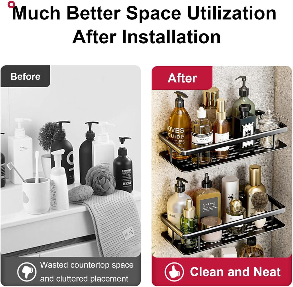 Set, No-Drill Adhesive Wall Mounted Shelves, 2-Pack Bathroom Organizer with Hooks & Towel Bar, Rustproof Storage for ... - Image 6