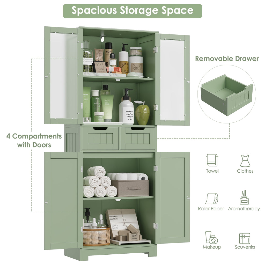 Homfa Bathroom Cabinet, 3-Tier Wood Tall Linen Storage Cabinet with 2 Drawers and 4 Doors for Living Room Office, Green - Image 4