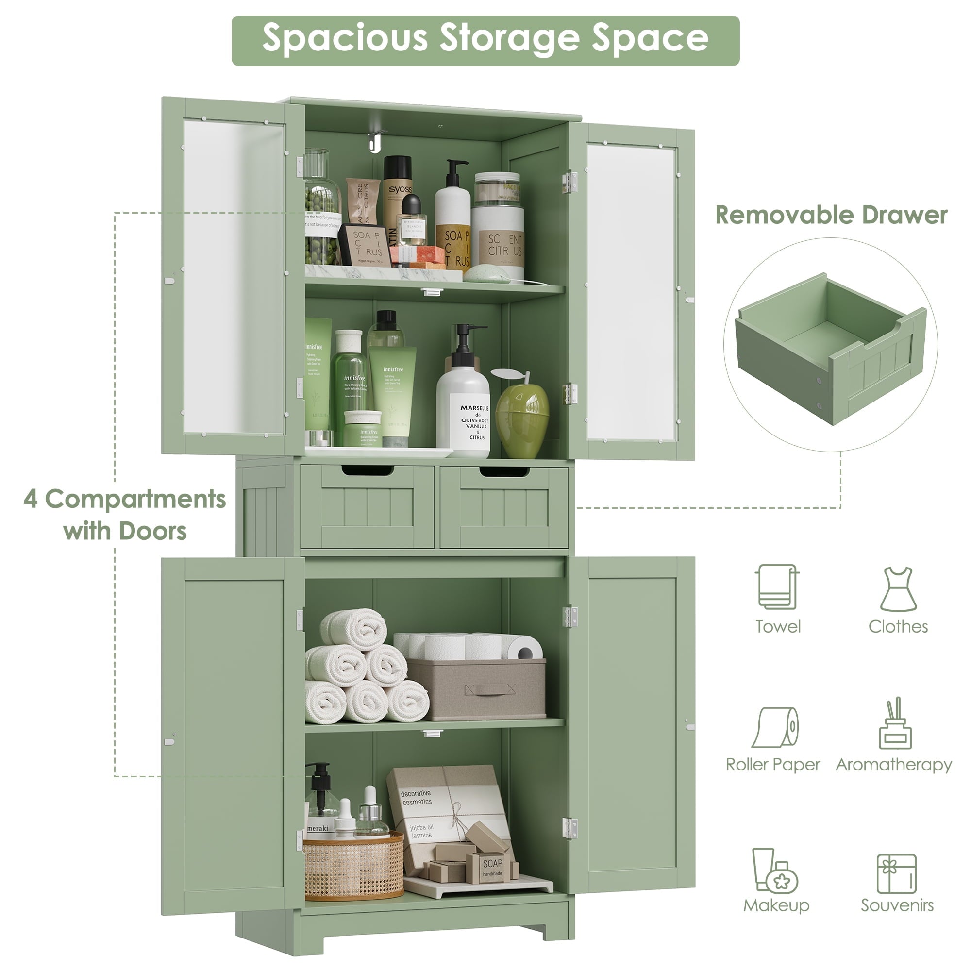 Homfa Bathroom Cabinet, 3-Tier Wood Tall Linen Storage Cabinet with 2 Drawers and 4 Doors for Living Room Office, Green - Image 4