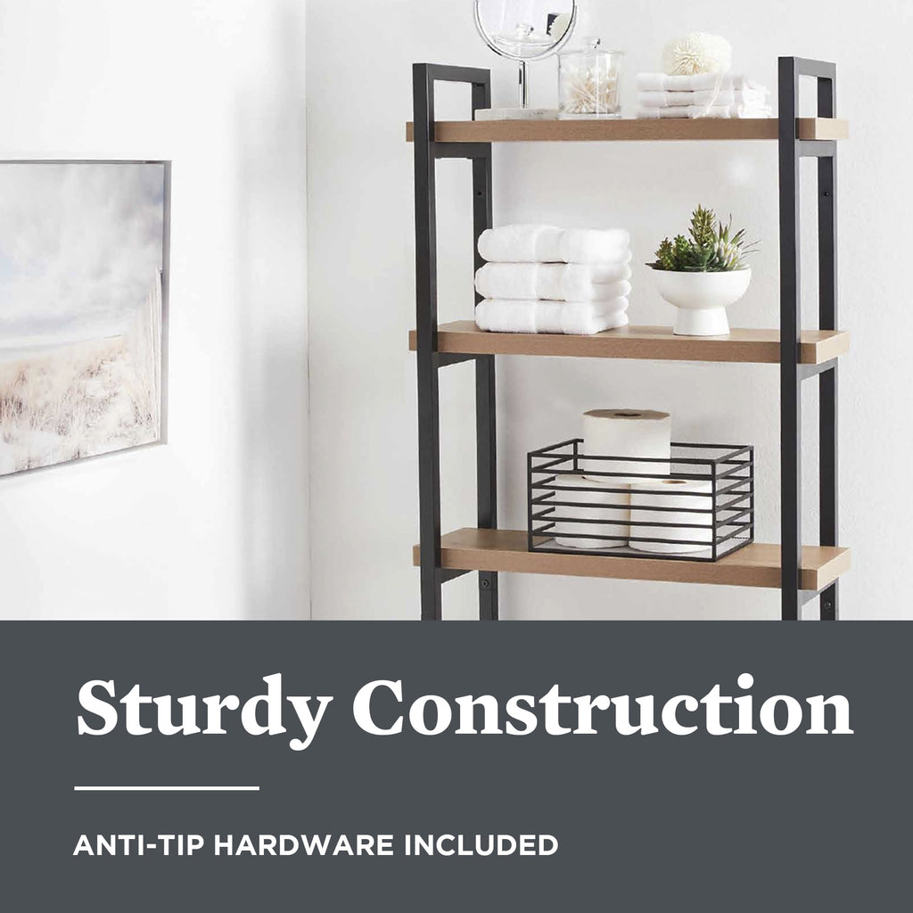 Jace 3-Shelf over-the-Toilet Rack with Black Frame and Oak Shelves - Image 3
