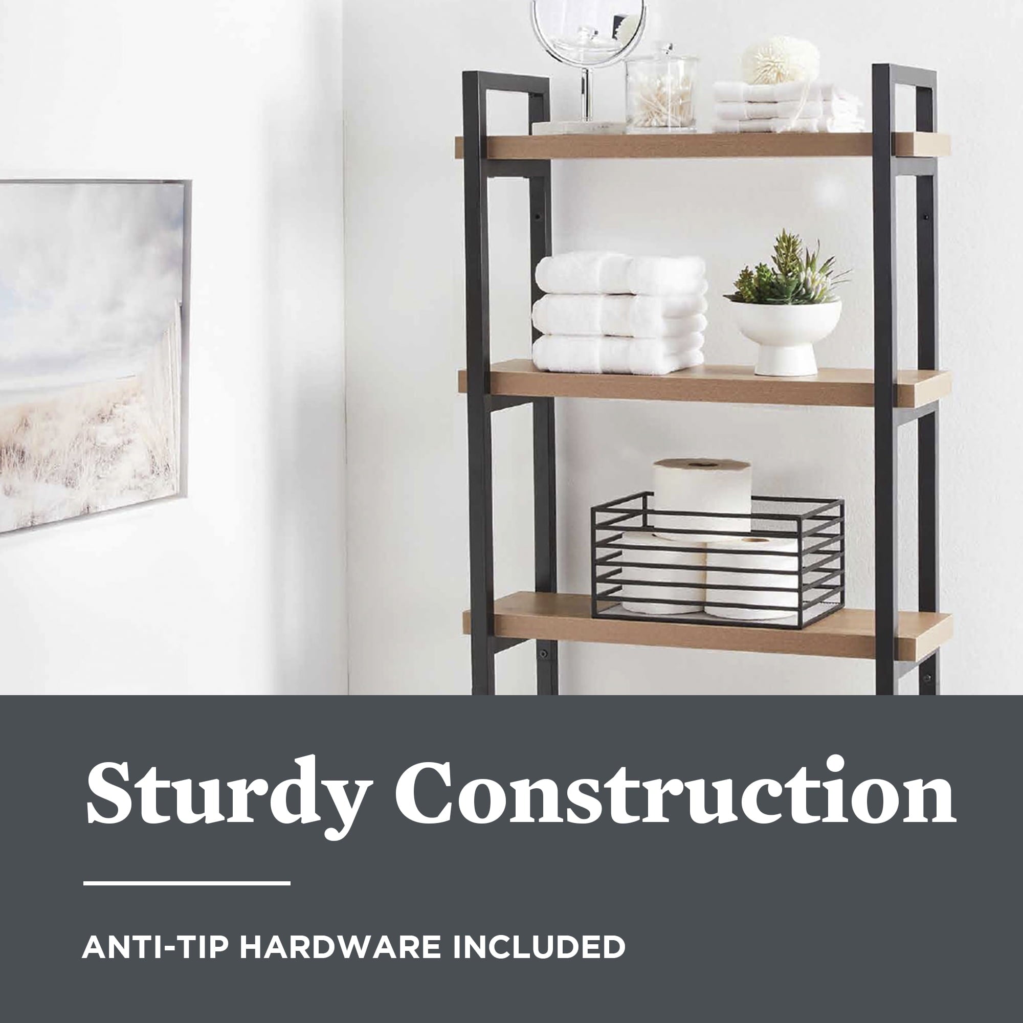 Jace 3-Shelf over-the-Toilet Rack with Black Frame and Oak Shelves - Image 3