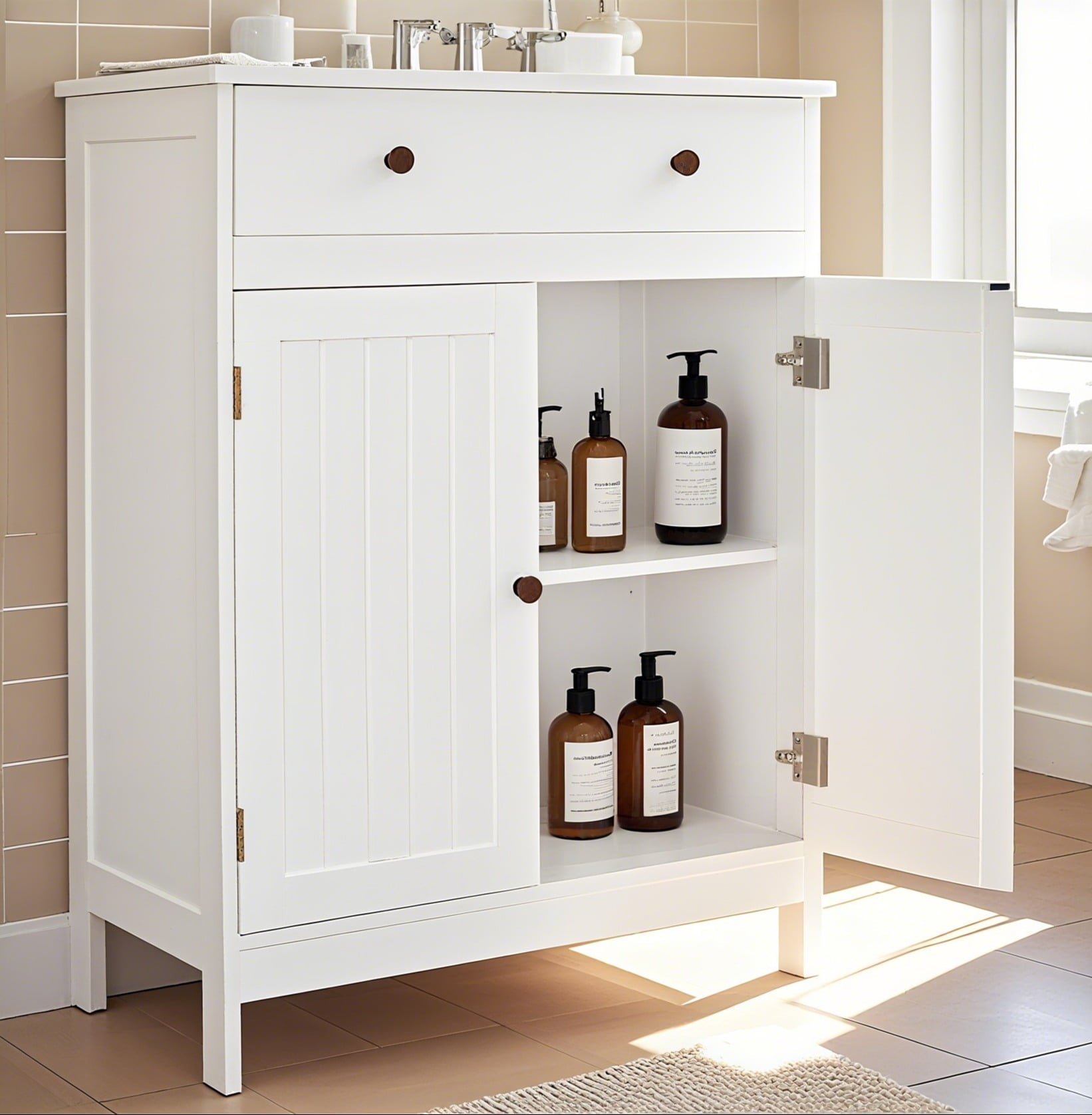 Bathroom Floor Cabinet, Freestanding Storage Cupboard w/ Drawer and 2 Doors, White - Image 2