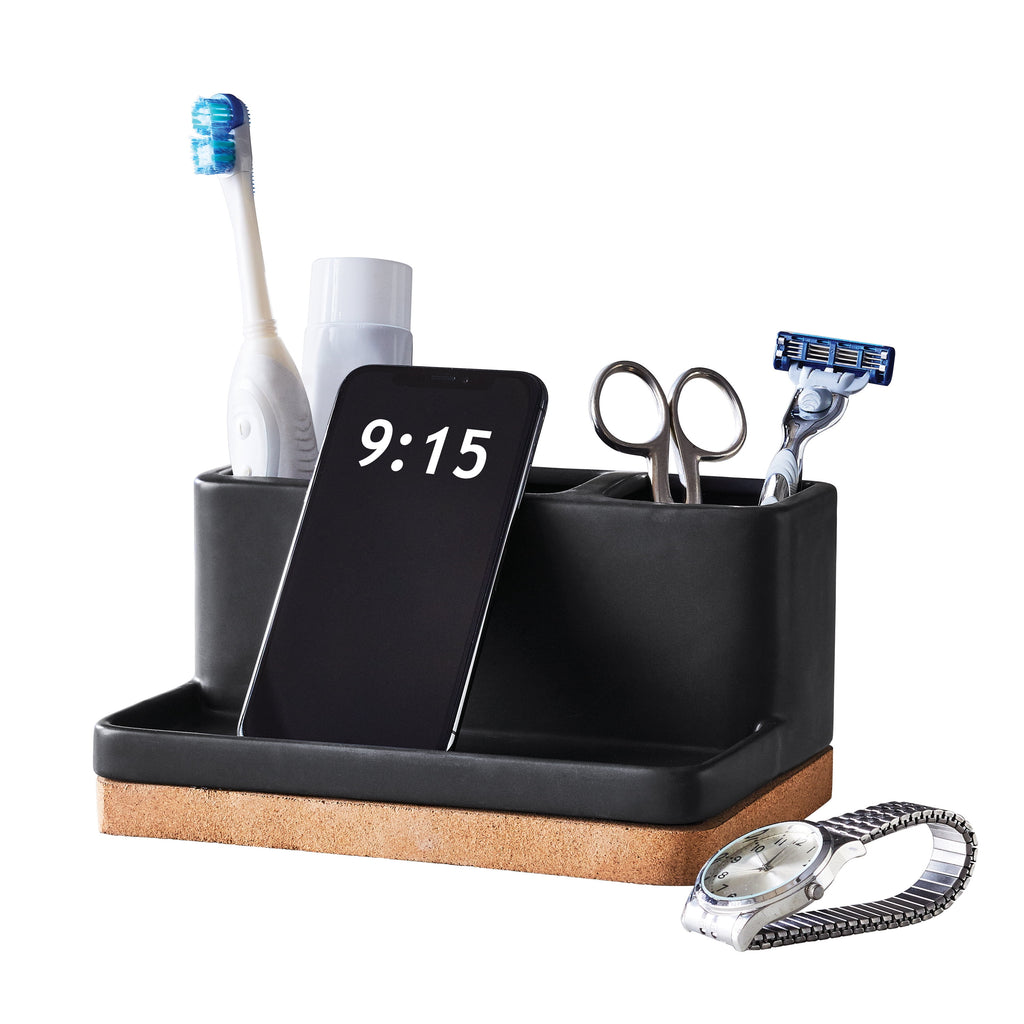 Better Homes & Gardens Matte Black and Cork Vanity Organizer with Tray and 3 Compartments - Image 2