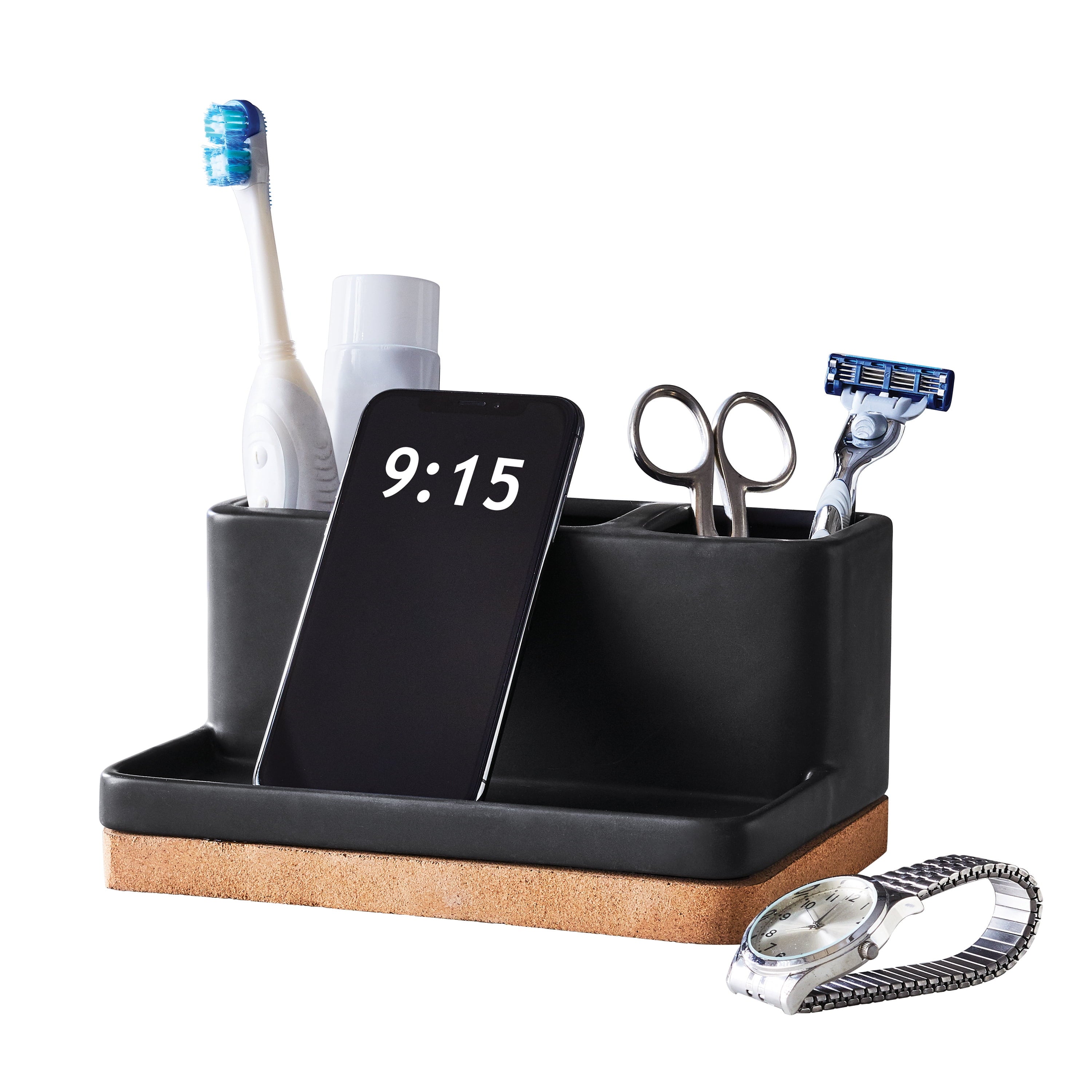 Better Homes & Gardens Matte Black and Cork Vanity Organizer with Tray and 3 Compartments - Image 2