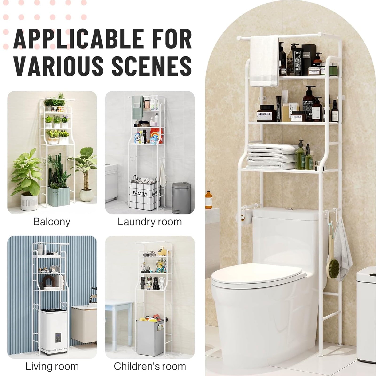 SUSUZI Over the Toilet Storage Rack 3-Tier Bathroom Organizer Shelf Metal Bath Shelves Freestanding Above Toilet Stand for Bathroom Laundry, - Image 5