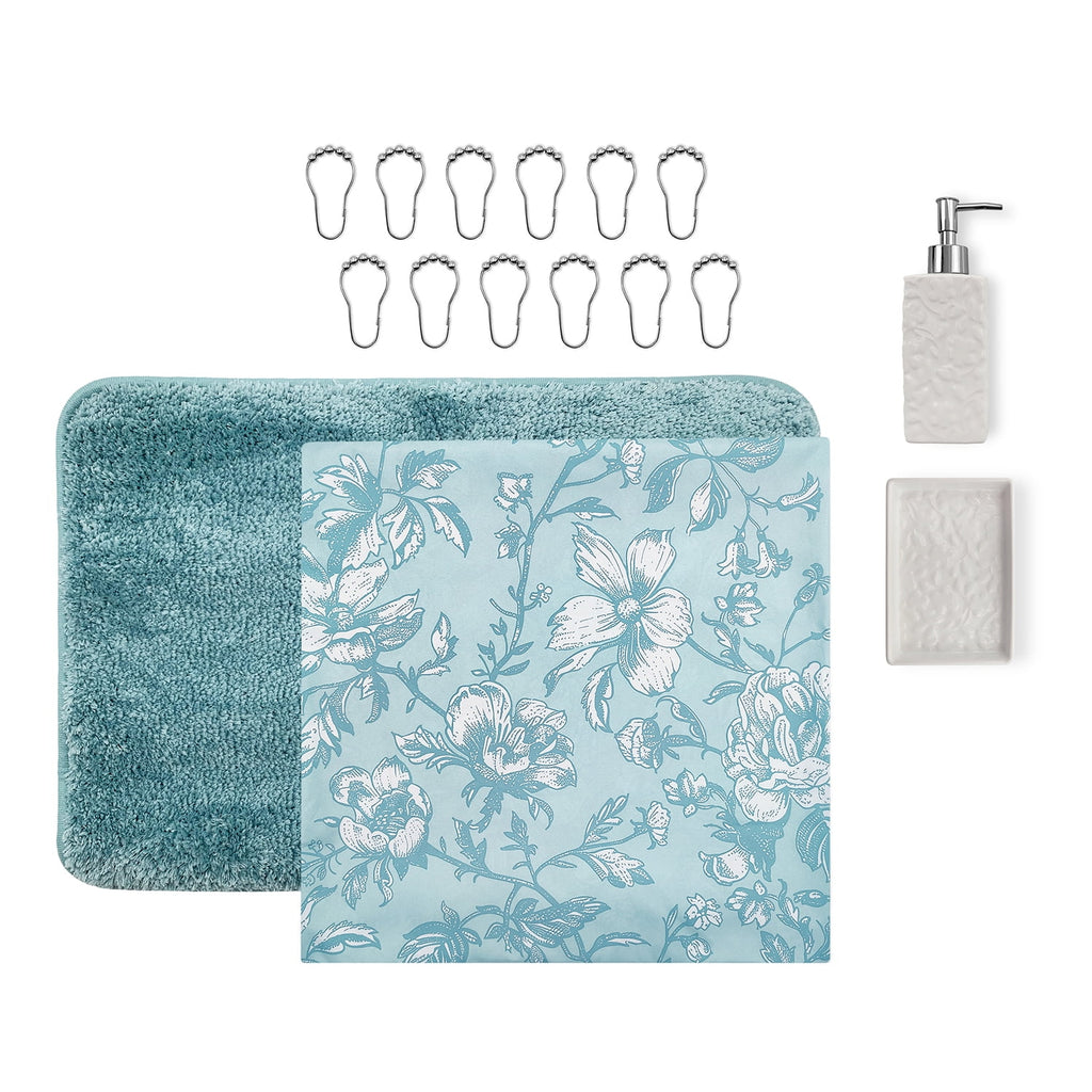 16-Piece Blue Floral Shower Curtain Bathroom Set Fabric Curtain with Rug, Hooks, Soap Dispenser & Tray - Image 3