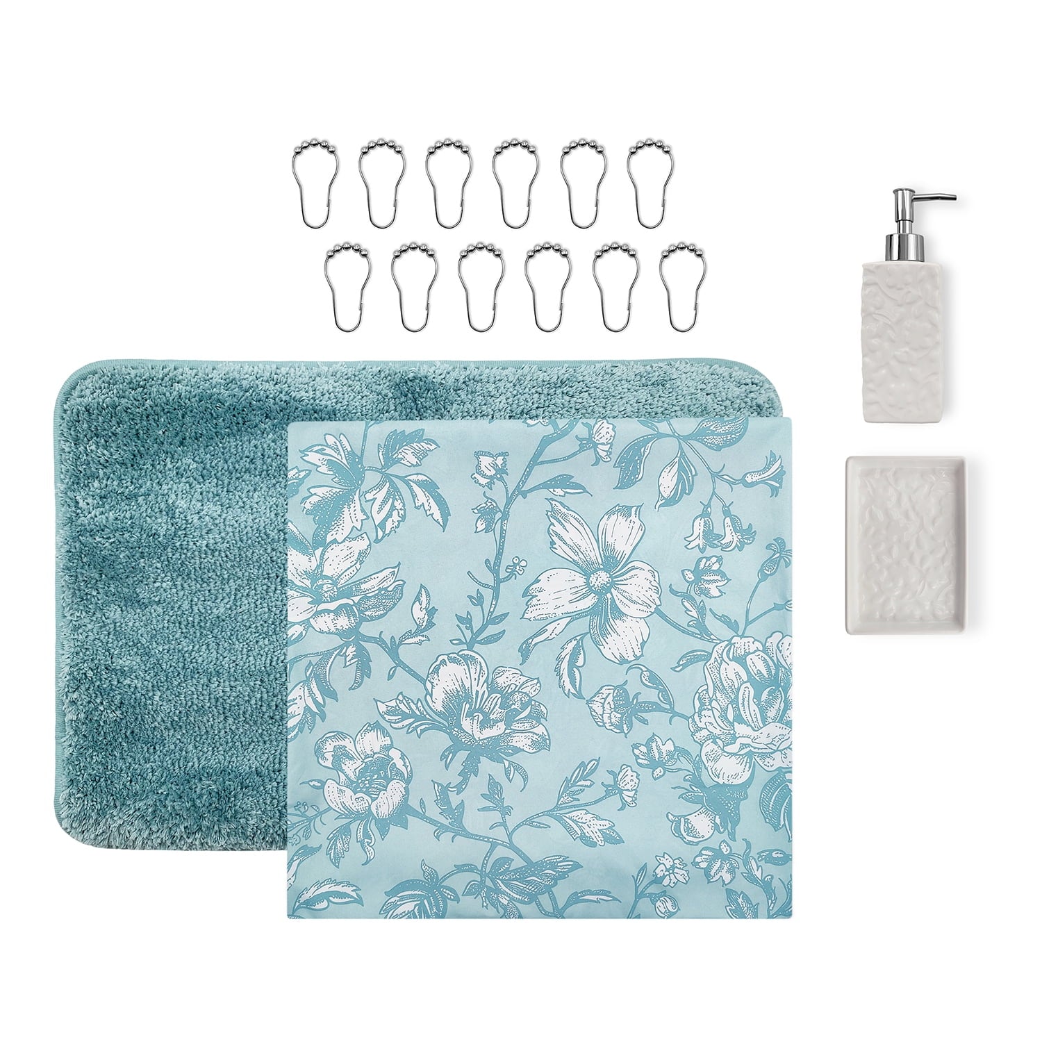 16-Piece Blue Floral Shower Curtain Bathroom Set Fabric Curtain with Rug, Hooks, Soap Dispenser & Tray - Image 3