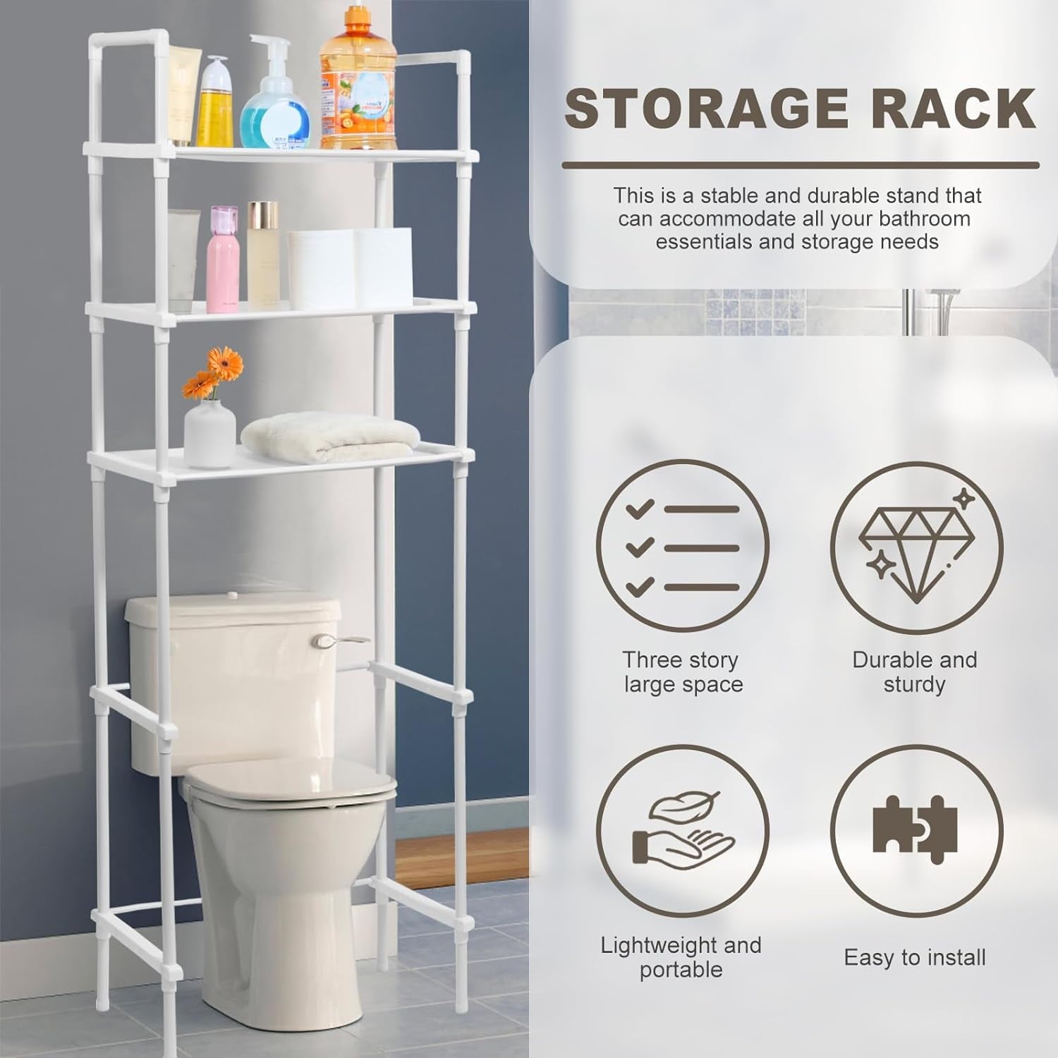 3-Tier the Toilet Plastic Storage Rack – Freestanding Metal Bathroom Organizer Shelf for Bath, Laundry Above-Toilet S... - Image 2