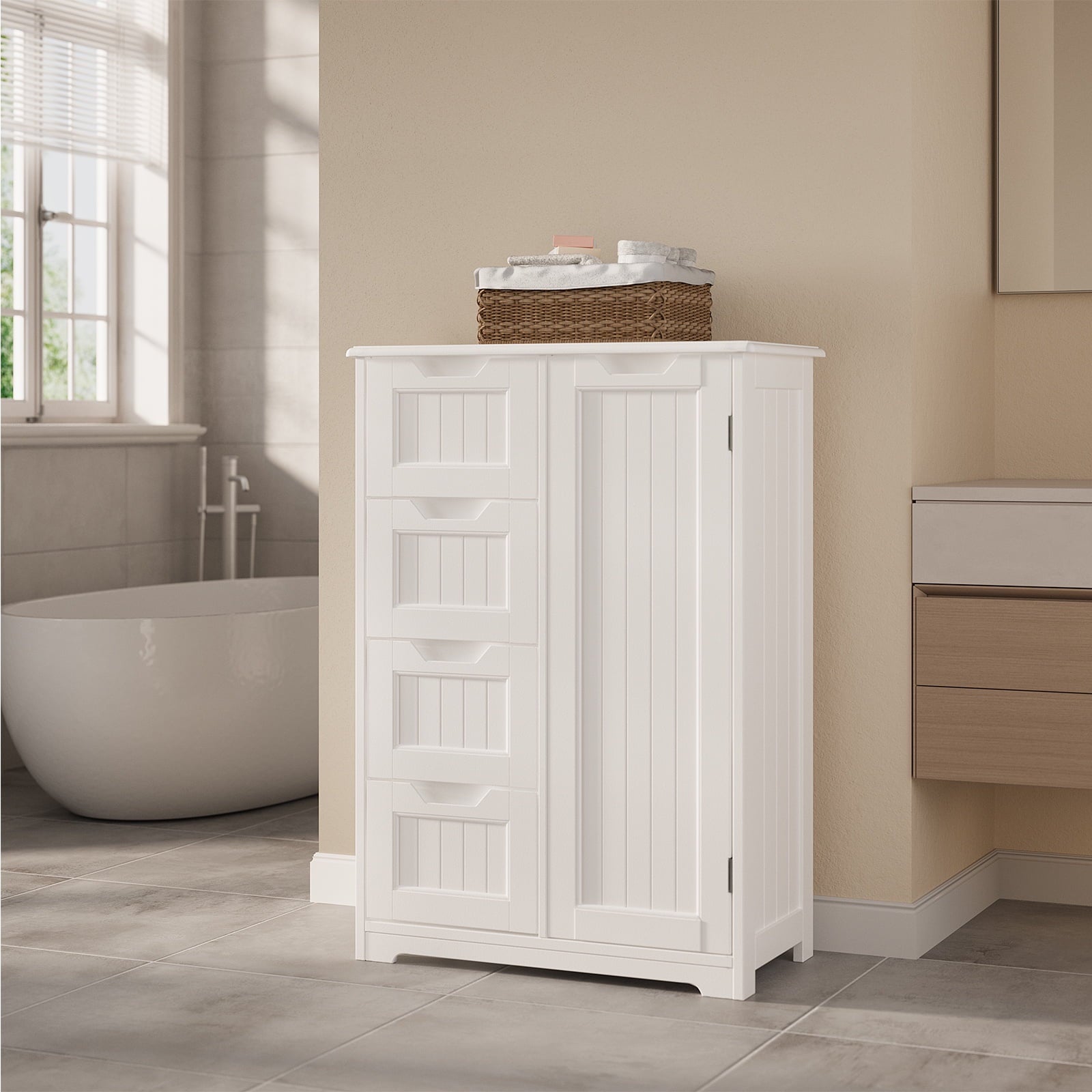Bathroom Floor Cabinet Wooden Storage Organizer with 4-Drawer & 1 Door, Free-Standing Cupboard for Bathroom Kitchen, ... - Image 6