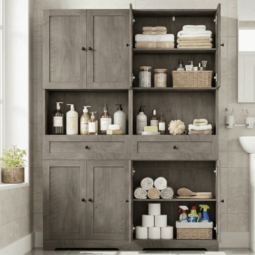 Homfa 67.5" Tall Farmhouse Bathroom Storage Cabinet with Drawer, 4 Door Modern Freestanding Storage Cabinet Cupboard, Gray - Image 4