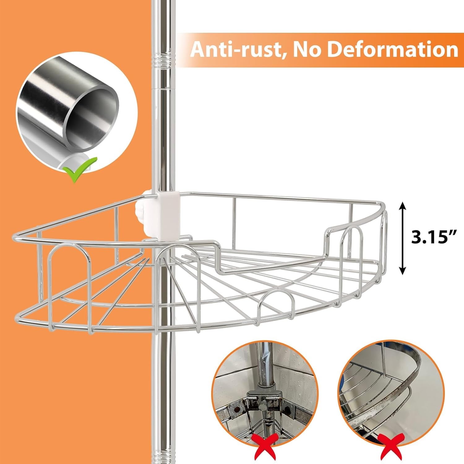 4-Shelf Stainless Steel Plastic Tension Pole Bathroom Corner Shower Caddy, Silver - Image 4