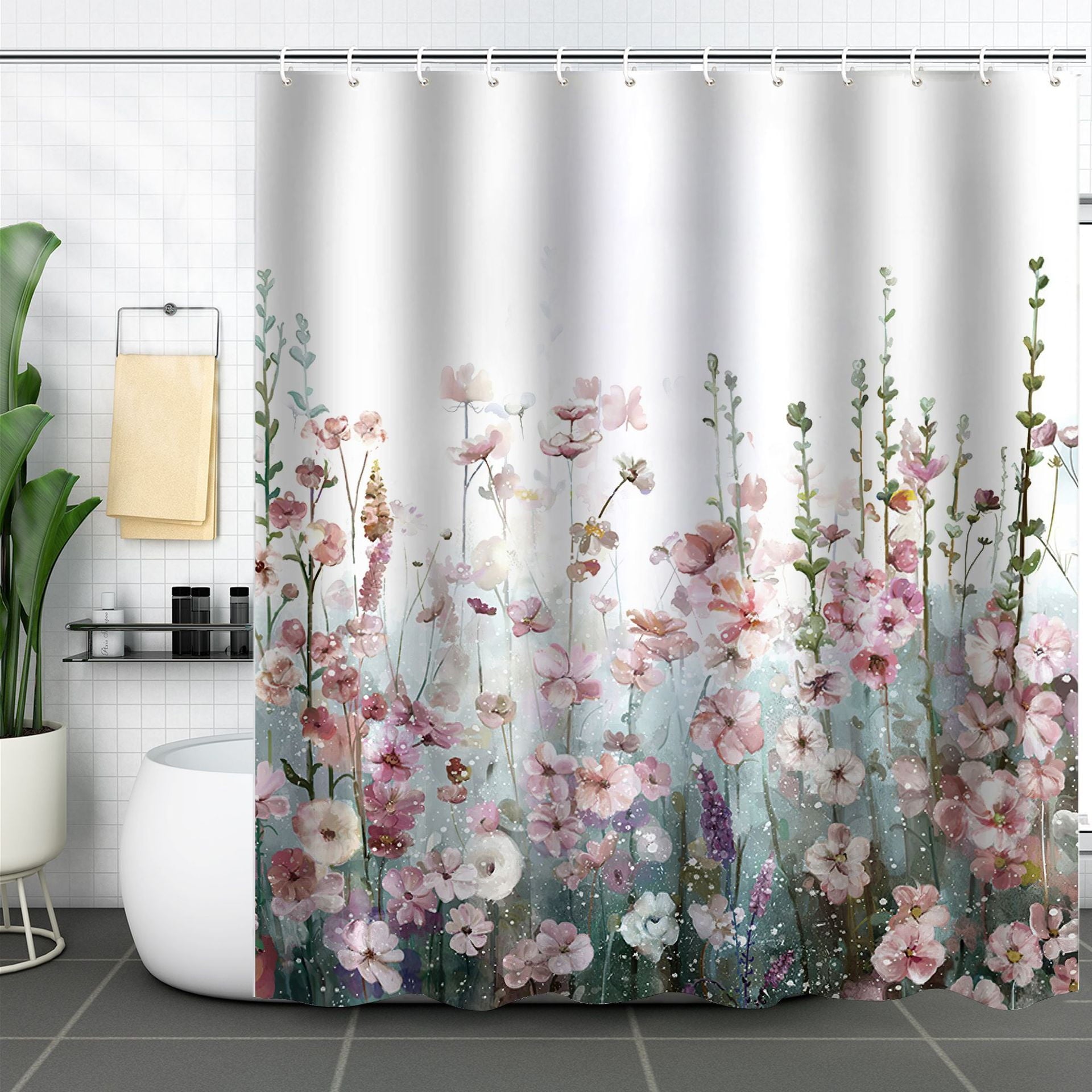 Colorful Flowers Shower Curtain for Bathroom, Pink Floral Wildflower Plants Curtain, 72 x 72 inch - Image 4