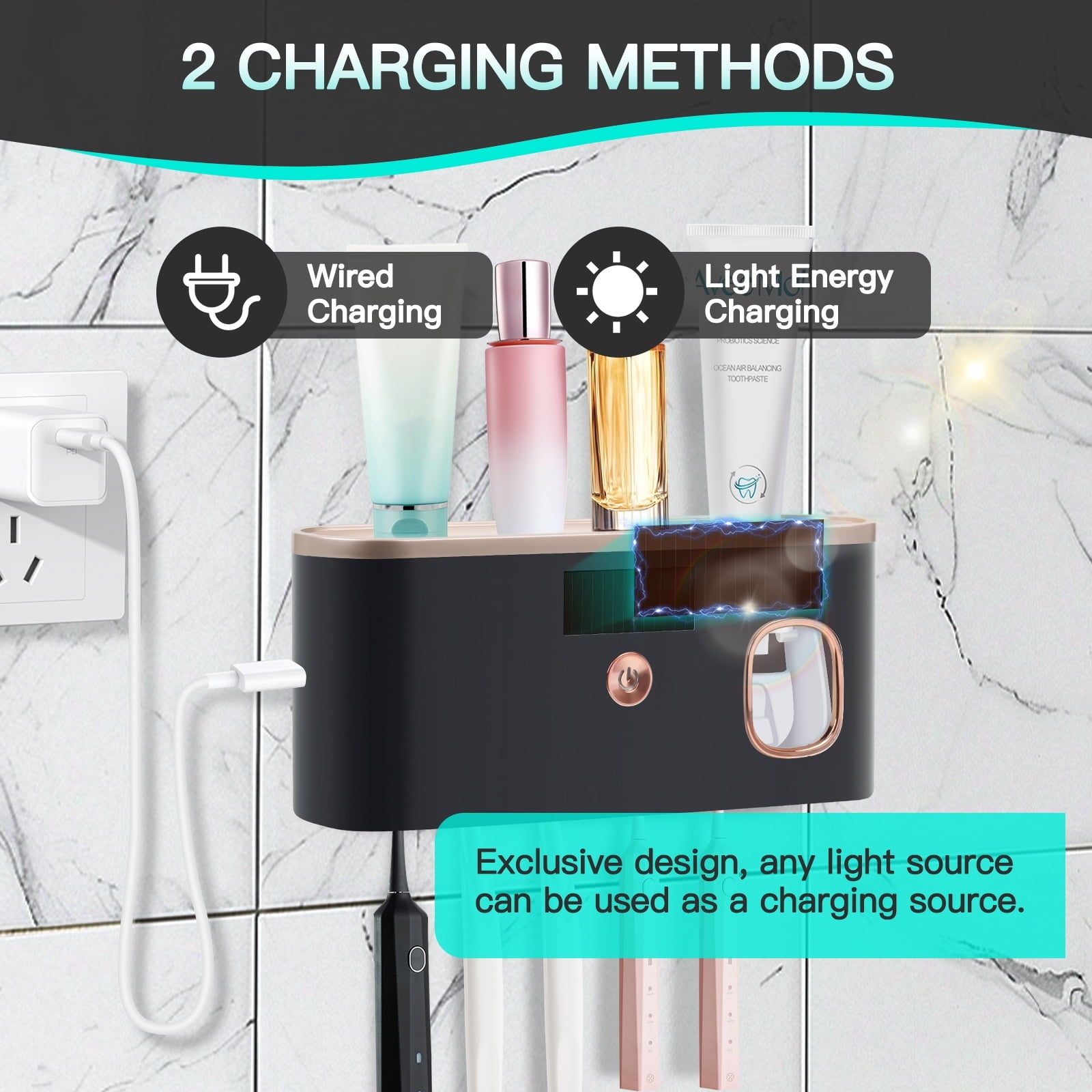Holder for Bathrooms,5-Slot Wall Mount Timing Function Wall Mounted with Toothpaste Dispenser for Electric / Regular - Image 2